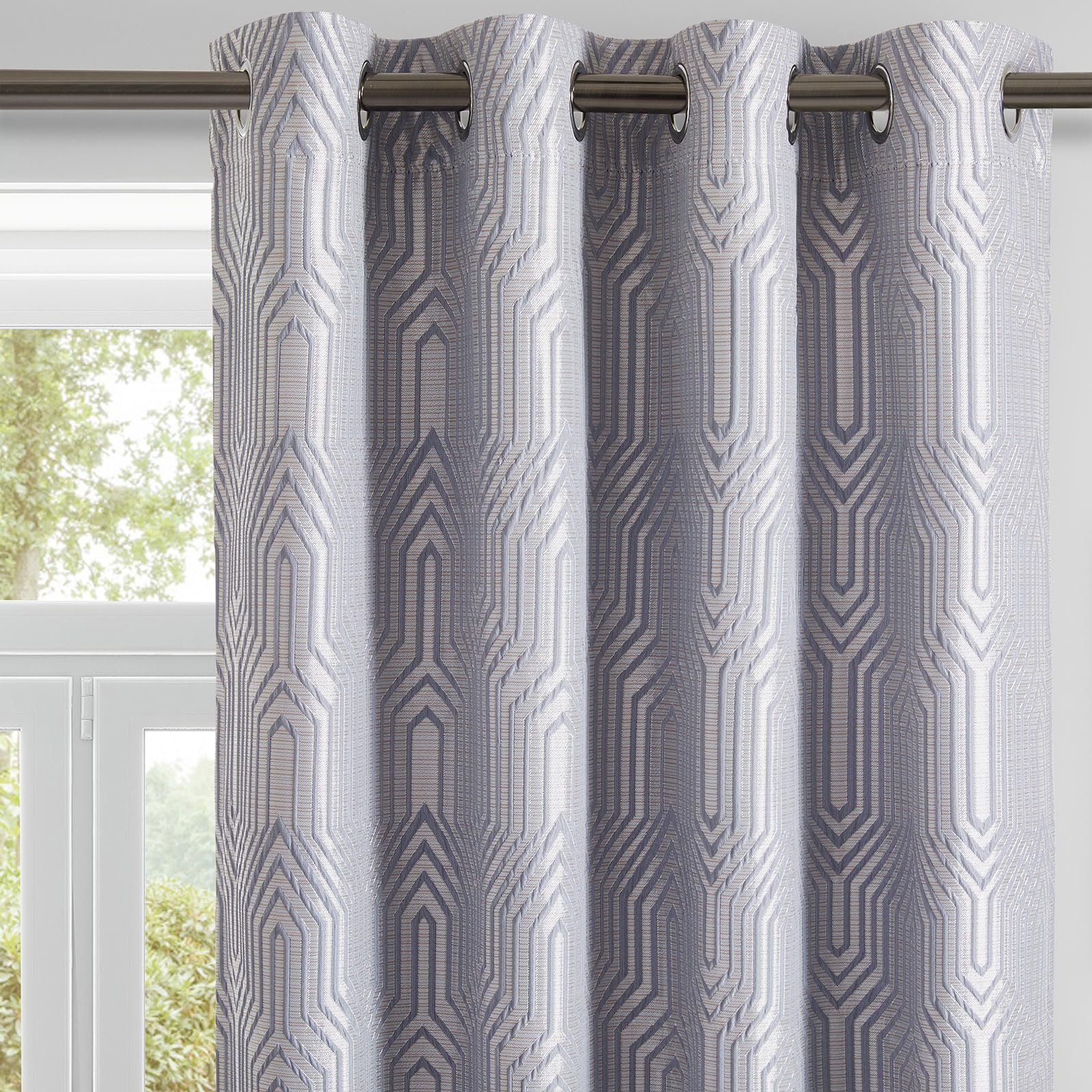Beige and Silvery 100% Blackout Jacquard Geometric Pattern Curtains,52 Inch Wide 84 Inches Long 2 Panels, Thermal Insulated Noise Reducing Anti-Rust Grommet Drapes for Bedroom Living Room, Cream