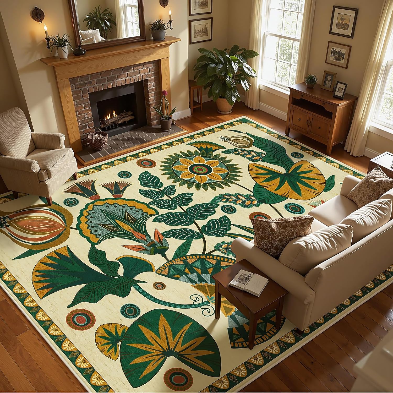 Joydeco Egypt Floral Boho 8x10 Area Rugs for Bedroom Aesthetic, Washable Vintage Living Dining Room Rug Non Slip, Beige Large Indoor Throw Carpet for Playroom Nursery Dorm Classroom