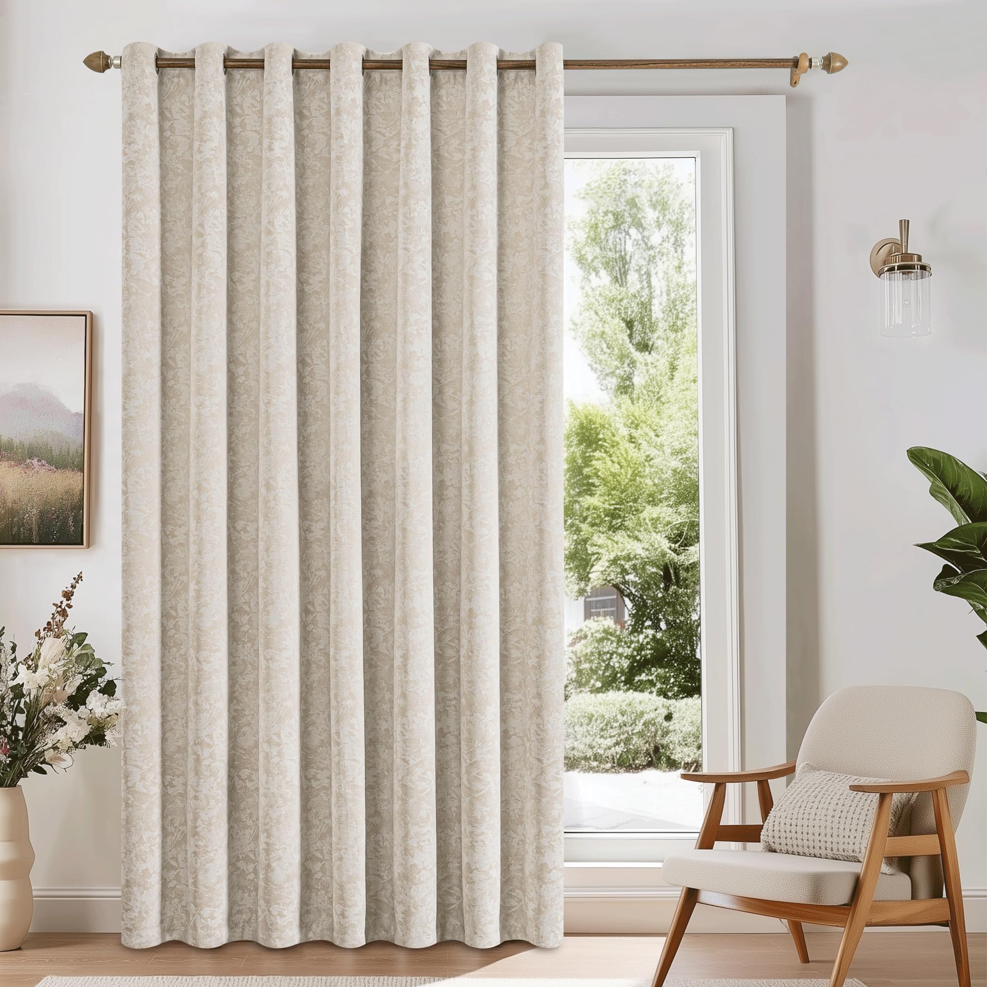 Beauoop Beige Floral Jacquard Blackout Curtains 90 Inches Long 2 Panels for Bedroom Living Room Chenille Flower Room Darkening Thermal Insulated Soundproof Rod Pocket Back Tab Window Drapes 52x90