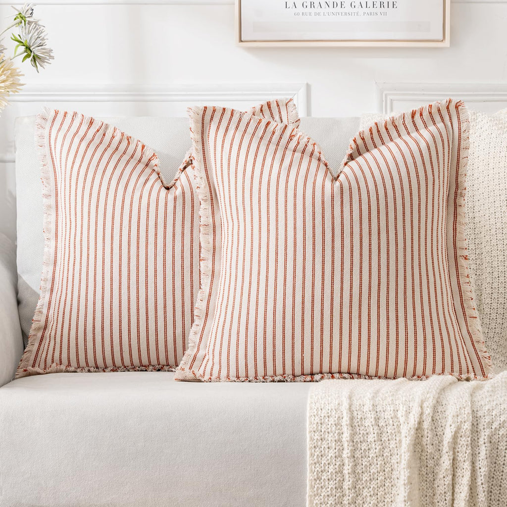 MIULEE Pack of 2 Black Pillow Covers 20x20 Inch Striped Farmhouse Couch Throw Pillow Covers with Fringe Chic Linen Decorative Cushion Covers for Sofa Living Room Bed Outdoor Home Decor