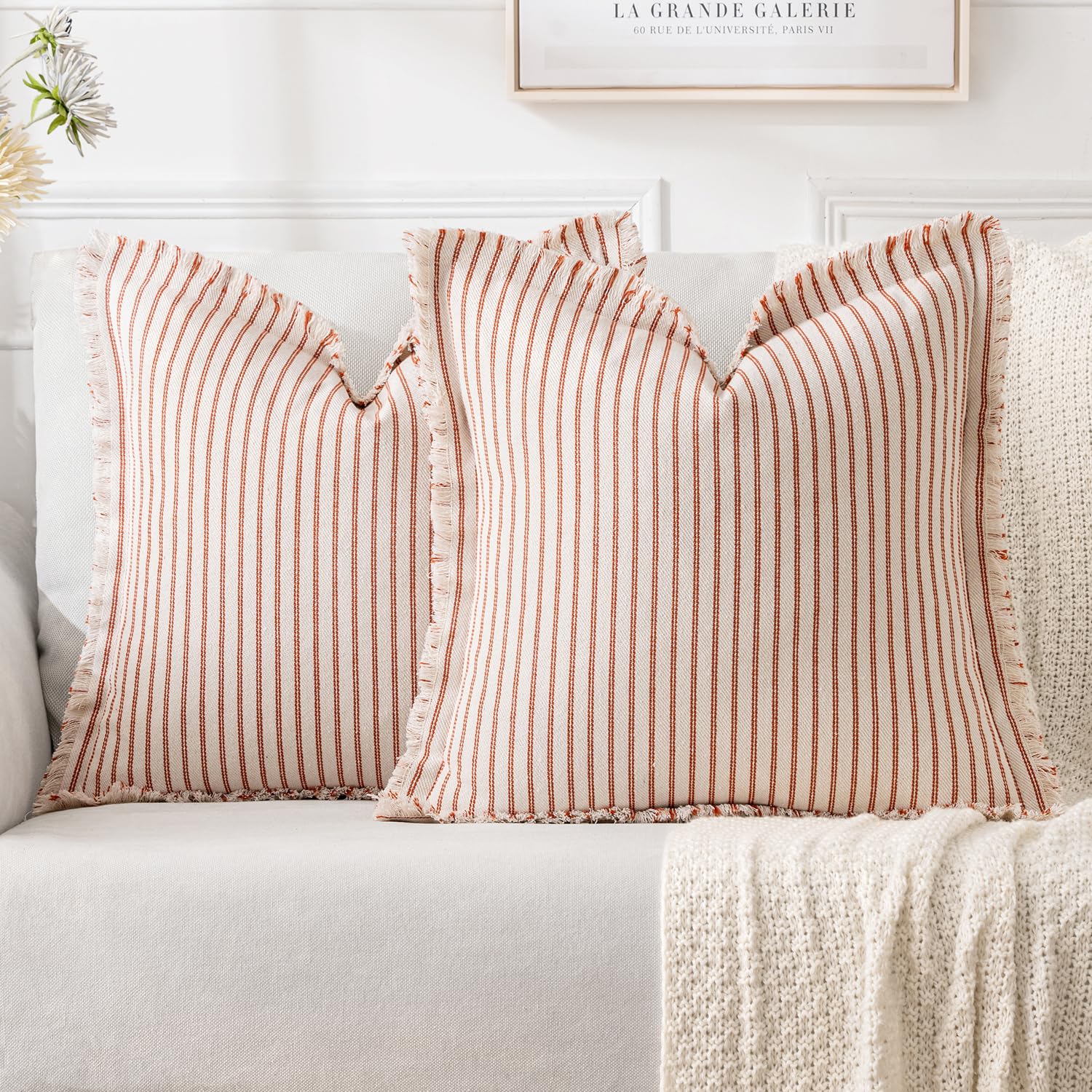 MIULEE Pack of 2 Black Pillow Covers 20x20 Inch Striped Farmhouse Couch Throw Pillow Covers with Fringe Chic Linen Decorative Cushion Covers for Sofa Living Room Bed Outdoor Home Decor