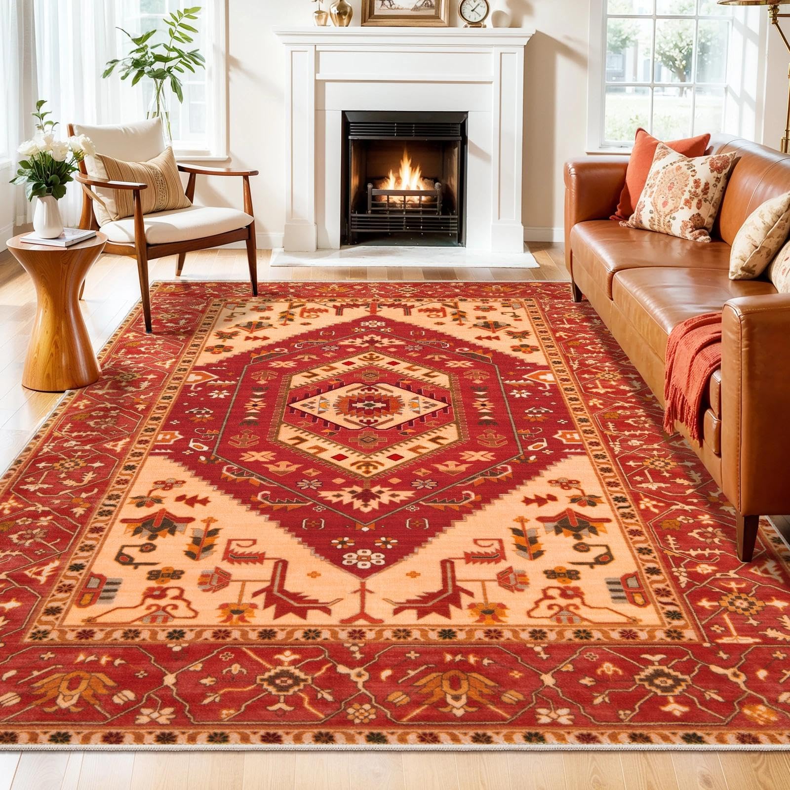 SERISSA Washable Rugs 8x10 Area Rugs, Large Non-Slip Boho Living Room Rust Rug, Ultra Soft Vintage Print Distressed Oriental Tribal Farmhouse Carpet for Dining Room Bedroom Dorm Office Home Decor