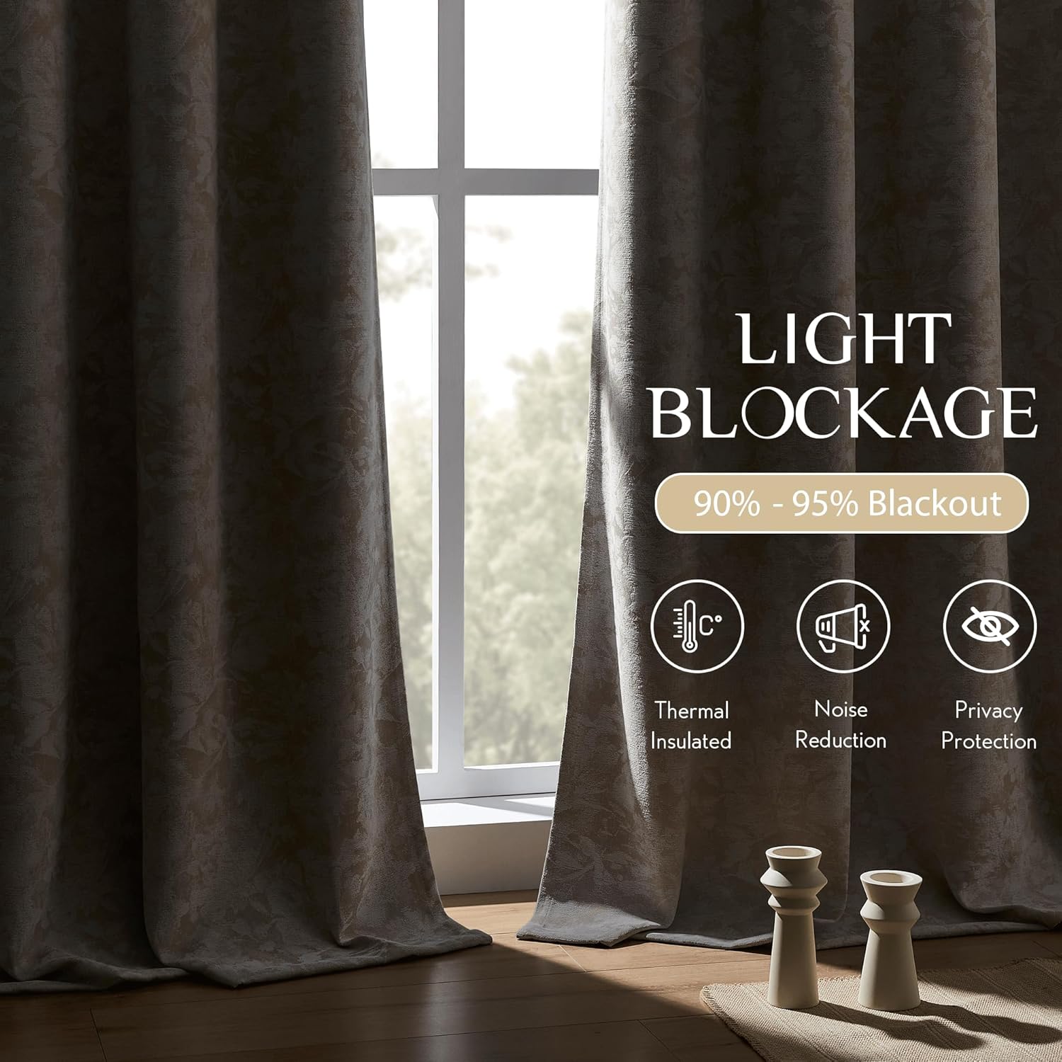 Beauoop Beige Floral Jacquard Blackout Curtains 96 Inches Long 2 Panels for Bedroom Living Room Chenille Flower Room Darkening Thermal Insulated Soundproof Rod Pocket Back Tab Window Drapes, 52x96