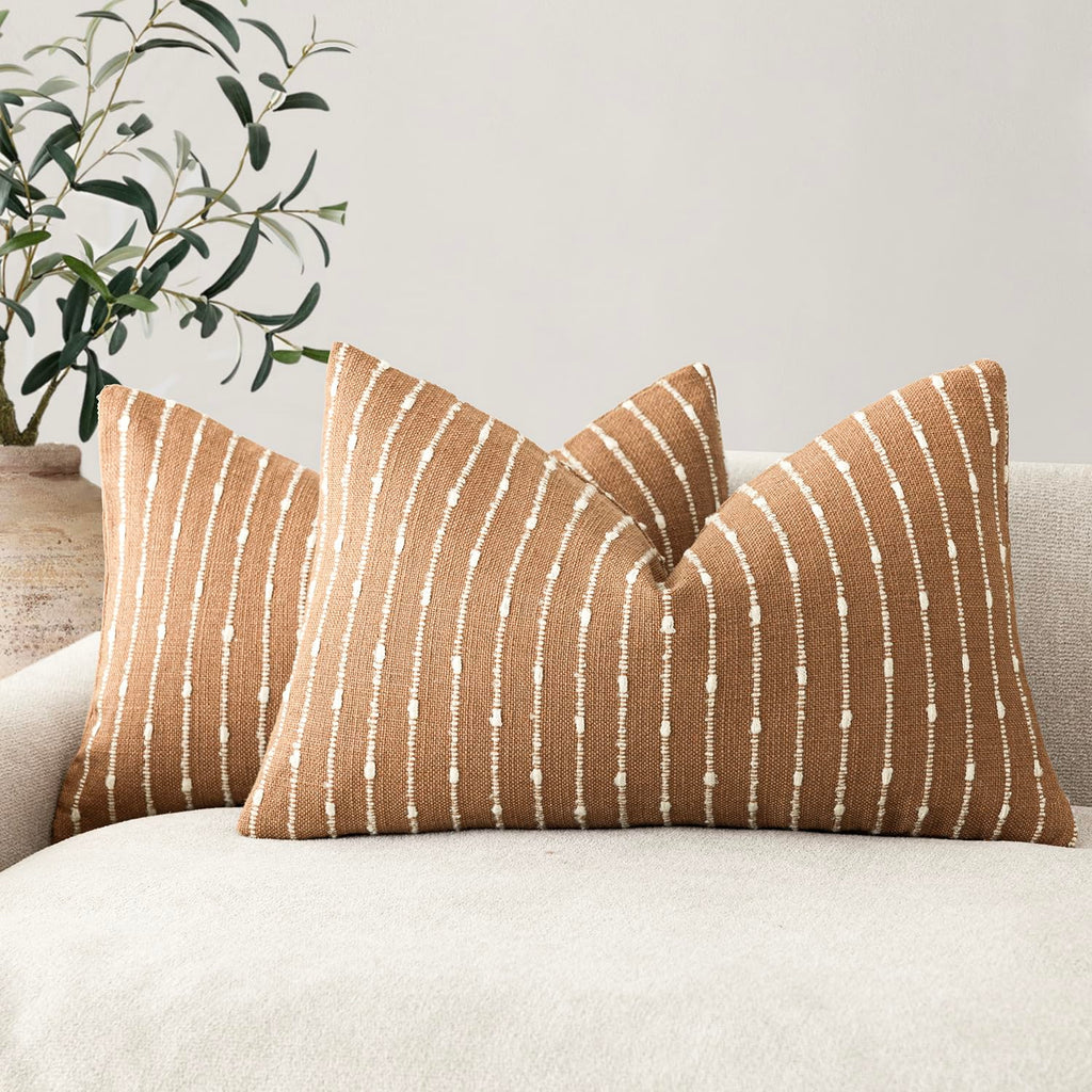 Foindtower Pack of 2 Decorative Jacquard Boucle Throw Pillow Covers Accent Textured Striped Pillowcases Soft Boho Modern Cushion for Couch Sofa Bedroom Living Room Home Decor 20x20 Inch Natural Beige