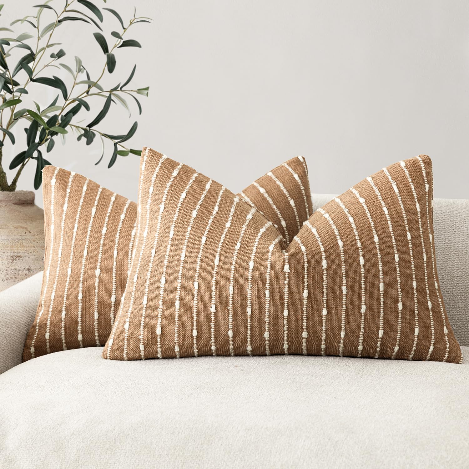 Foindtower Pack of 2 Decorative Jacquard Boucle Throw Pillow Covers Accent Textured Striped Pillowcases Soft Boho Modern Cushion for Couch Sofa Bedroom Living Room Home Decor 20x20 Inch Natural Beige