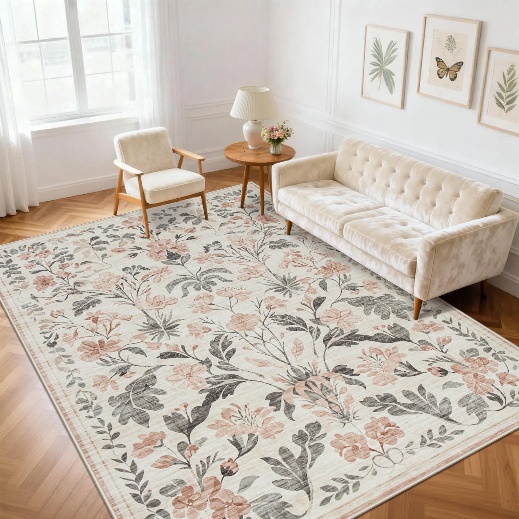 8x10 Beige Boho Floral Washable Non-Slip Thin Area Rug for Indoor Spaces