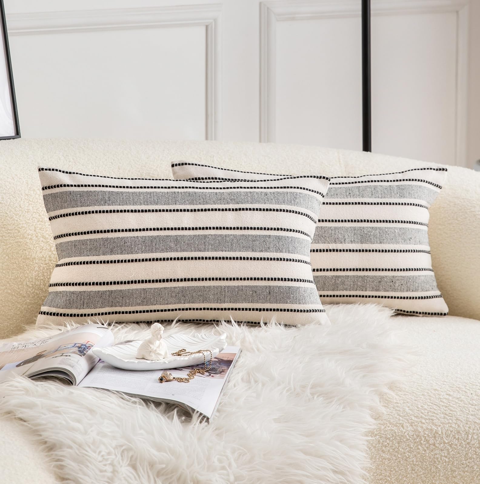 Cethom Decorative Boho Throw Pillow Covers, Farmhouse Textured Pillow Case, 20 x 20 Inch Set of 2, Chair Sofa Bedroom Living Room Home Decor Couch Cushion Case, Classic Blue and Beige Striped