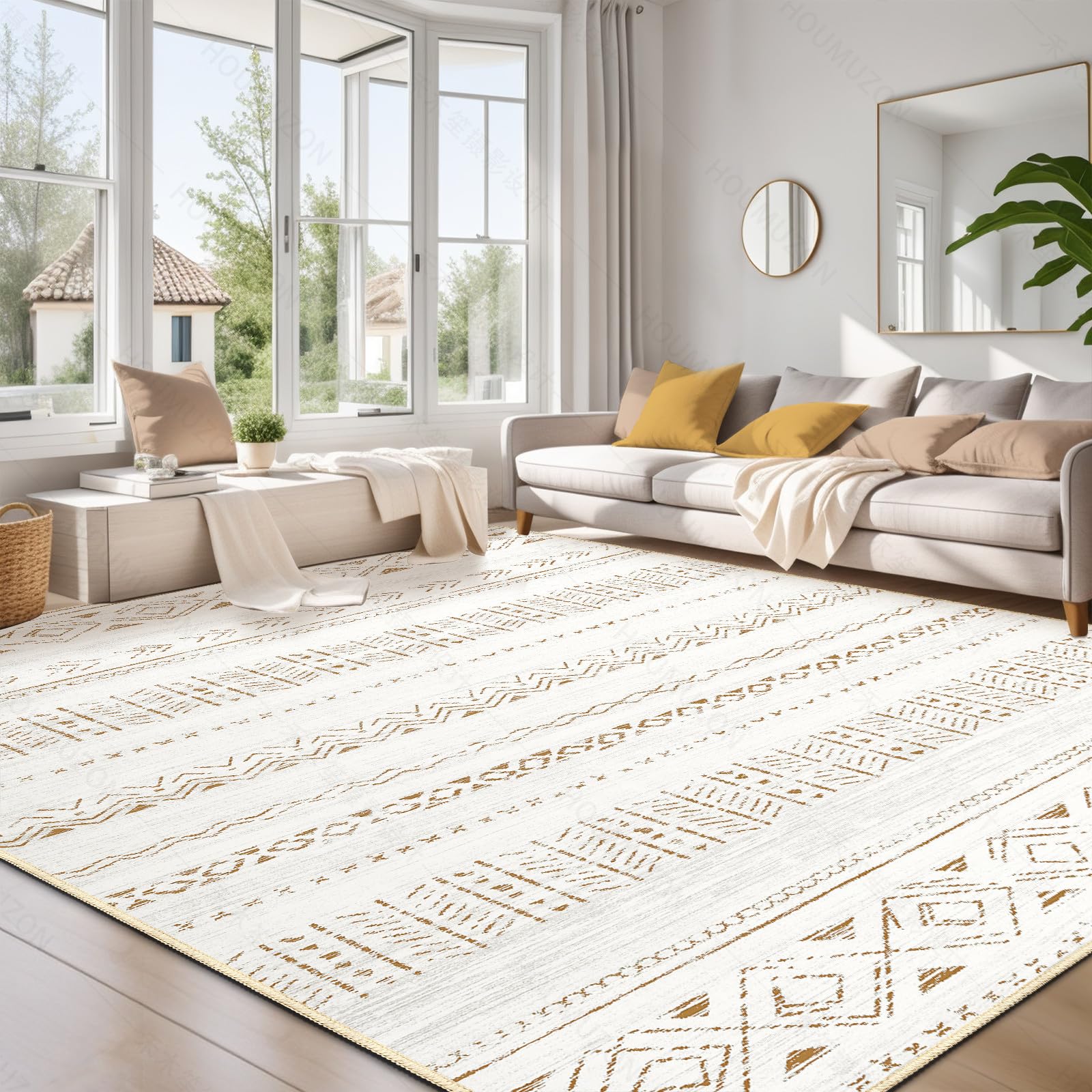 cotiled 5x7 Area Rug Living Room: Washable Boho Rugs with Non Slip Backing Large Soft Indoor Stain Resistant Carpet for Bedroom Farmhouse Dining Room Lightweight Home Decor L Brown/Cream