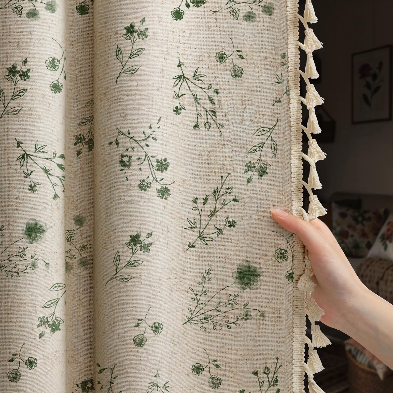 Floral Embroidered Linen Blend Curtains for Bedroom, 84 Inch Light Filtering Spring Farmhouse Vintage Drapes Beige Flower Window Treatments for Living Room Rod Pocket, Set of 2 Panels