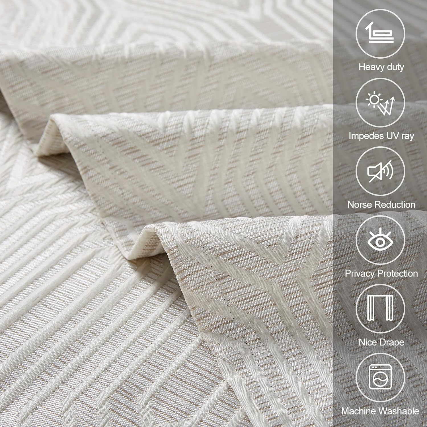 Beige and Silvery 100% Blackout Jacquard Geometric Pattern Curtains,52 Inch Wide 84 Inches Long 2 Panels, Thermal Insulated Noise Reducing Anti-Rust Grommet Drapes for Bedroom Living Room, Cream