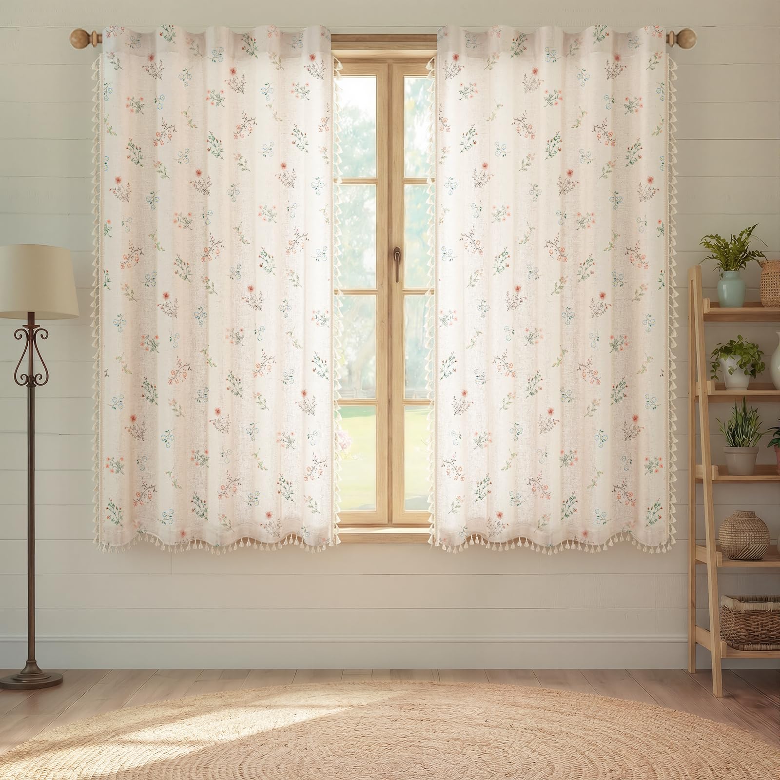 Floral Embroidered Linen Blend Curtains for Bedroom, 84 Inch Light Filtering Spring Farmhouse Vintage Drapes Beige Flower Window Treatments for Living Room Rod Pocket, Set of 2 Panels