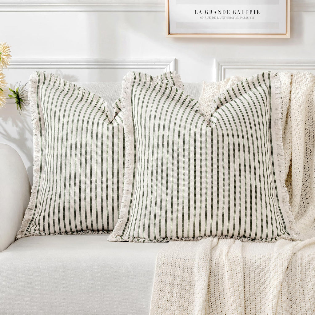 MIULEE Pack of 2 Black Pillow Covers 20x20 Inch Striped Farmhouse Couch Throw Pillow Covers with Fringe Chic Linen Decorative Cushion Covers for Sofa Living Room Bed Outdoor Home Decor