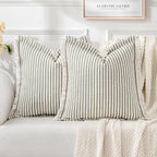 MIULEE Pack of 2 Black Pillow Covers 20x20 Inch Striped Farmhouse Couch Throw Pillow Covers with Fringe Chic Linen Decorative Cushion Covers for Sofa Living Room Bed Outdoor Home Decor