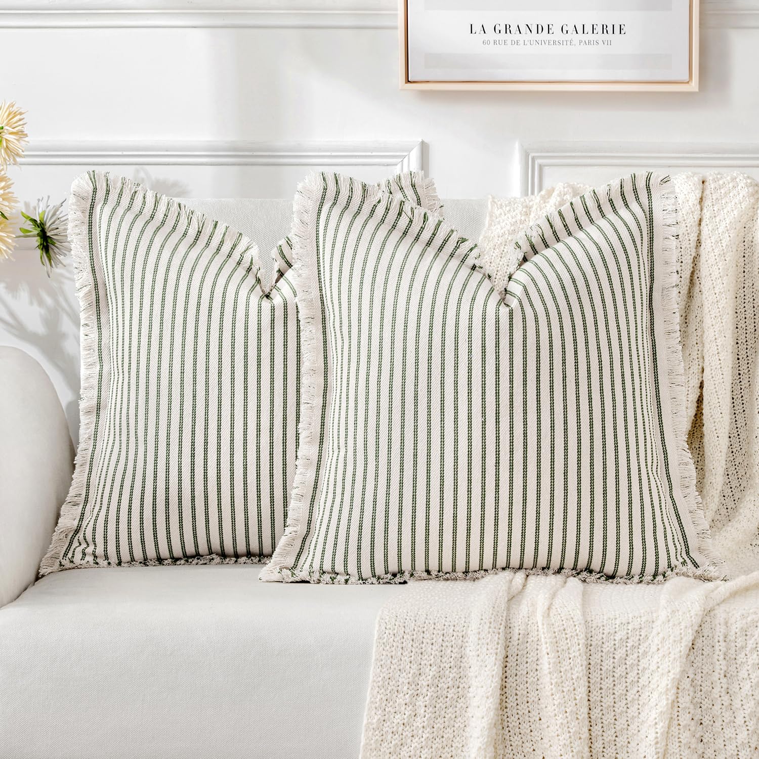 MIULEE Pack of 2 Black Pillow Covers 20x20 Inch Striped Farmhouse Couch Throw Pillow Covers with Fringe Chic Linen Decorative Cushion Covers for Sofa Living Room Bed Outdoor Home Decor