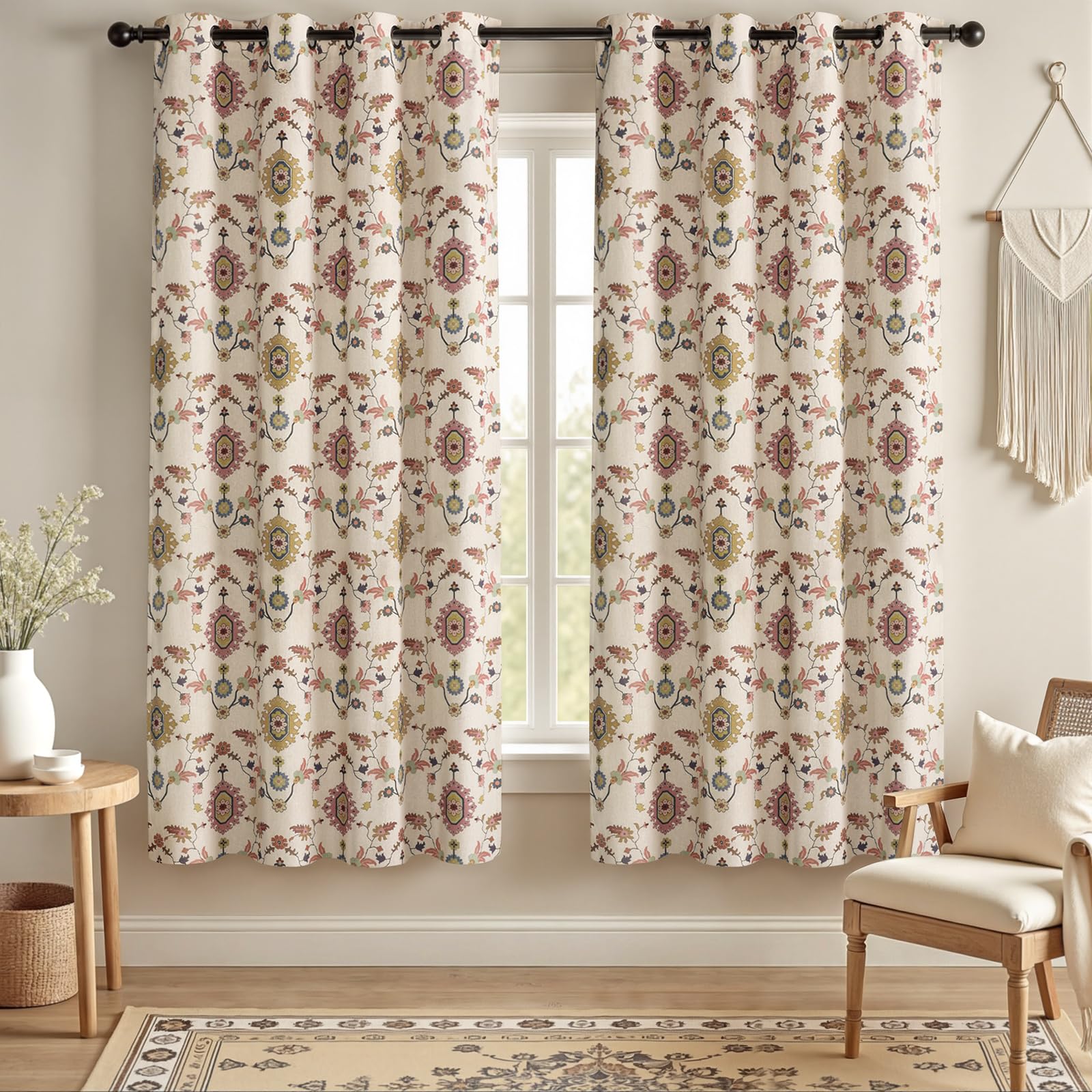 Floral Embroidered Linen Blend Curtains for Bedroom, 84 Inch Light Filtering Spring Farmhouse Vintage Drapes Beige Flower Window Treatments for Living Room Rod Pocket, Set of 2 Panels