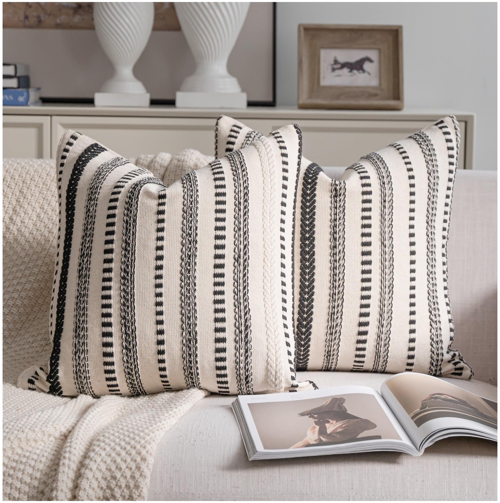 Cethom Navy Blue Boho Throw Pillow Covers 20x20 Inch Set of 2, Stripe Textured Decorative Couch Pillow Cases for Bed, Sofa, Living Room, Bedroom, Farmhouse Home Accent Cushion Covers
