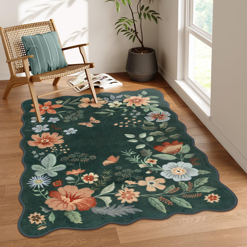 Lahome Floral Living Room Rugs, Area Rugs 5x7 Rug for Bedroom Ultra-Thin Soft Rug, Non-Slip Washable Rugs Stain Resistant Boho Rug Flore Throw Rug for ‎Dining Room Office (5x7ft,Green)