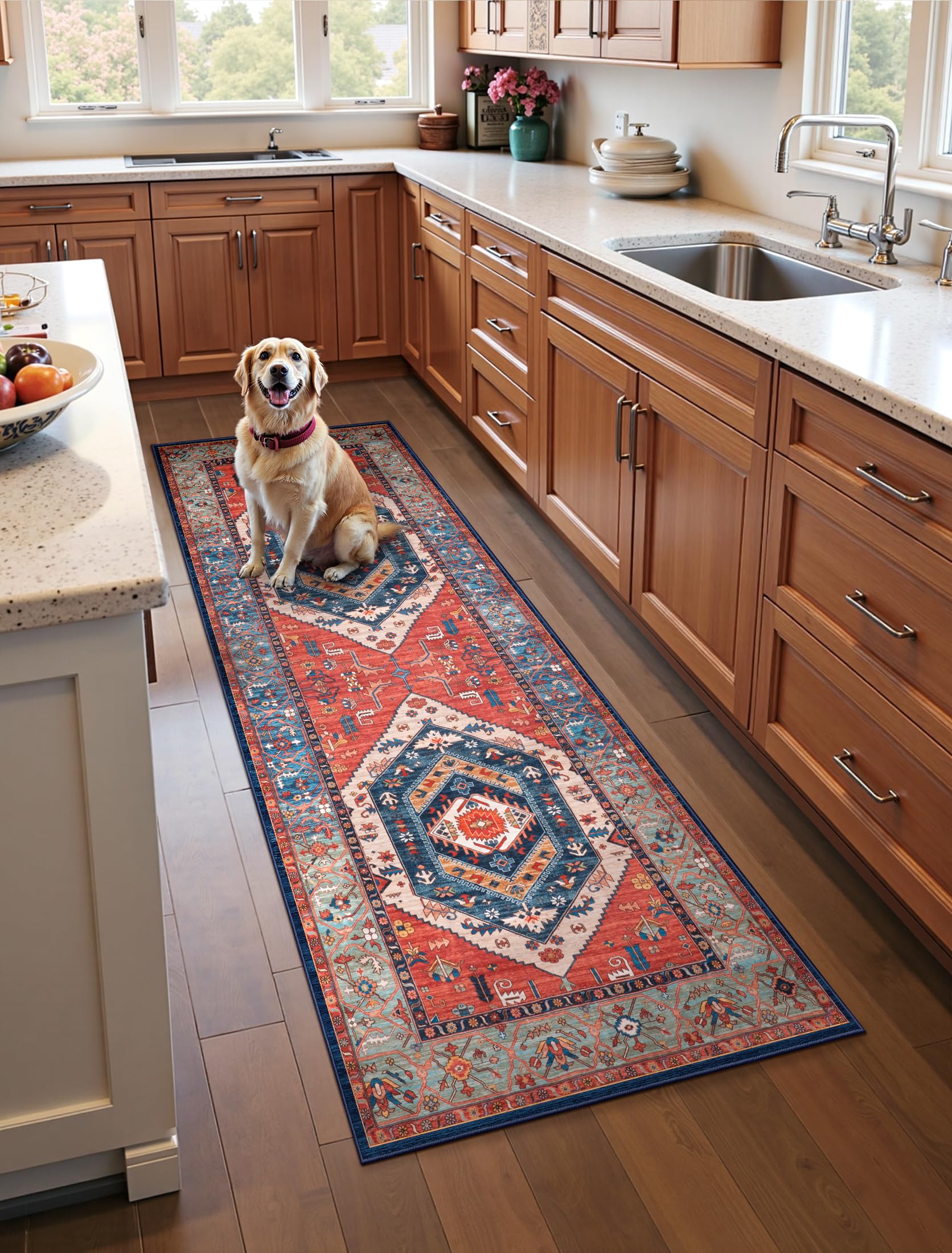 SERISSA Washable Rugs 8x10 Area Rugs, Large Non-Slip Boho Living Room Rust Rug, Ultra Soft Vintage Print Distressed Oriental Tribal Farmhouse Carpet for Dining Room Bedroom Dorm Office Home Decor