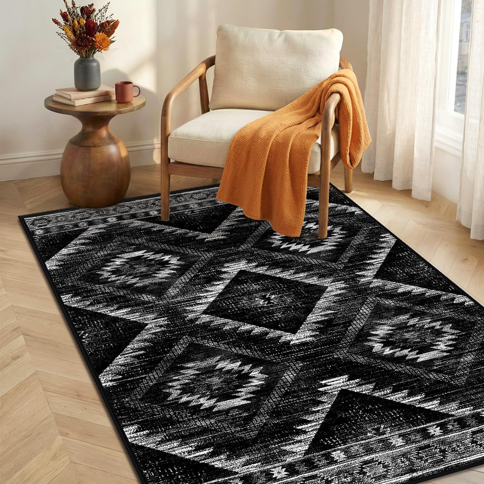 BESTSWEETIE Area Rug 5x7 Rug Machine Washable Non-Slip Low Pile Print Pattern Western Rug for Living Room Bedroom Entryway Tribal Series -Black