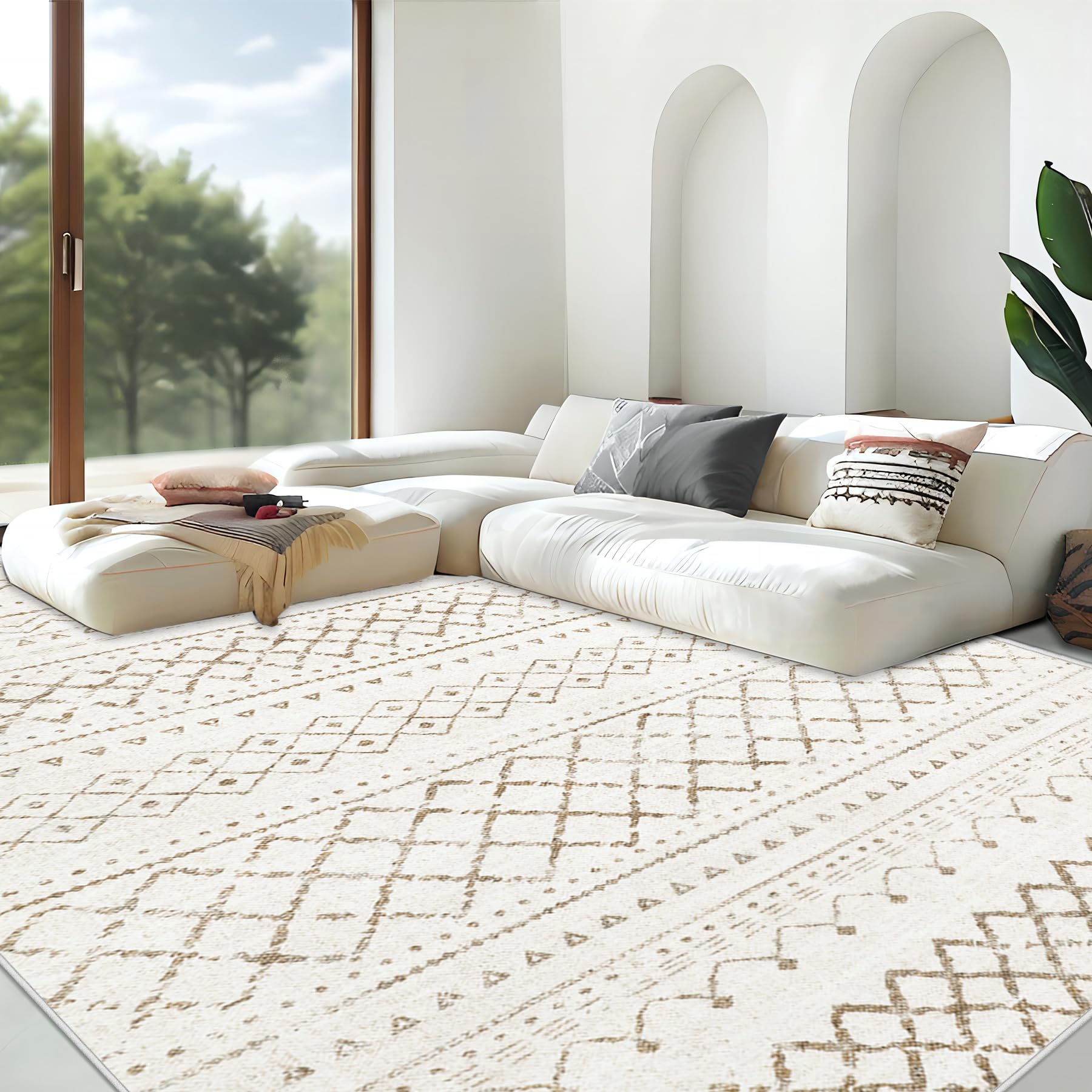Area Rug Living Room Rugs 8x10 - Large Soft Boho Geometric Rug, Non-Slip Foldable Washable Rugs Non Shedding Morden Indoor Floor Carpet for Living Room Bedroom Office Dining Room(Brown Green,8'x10')