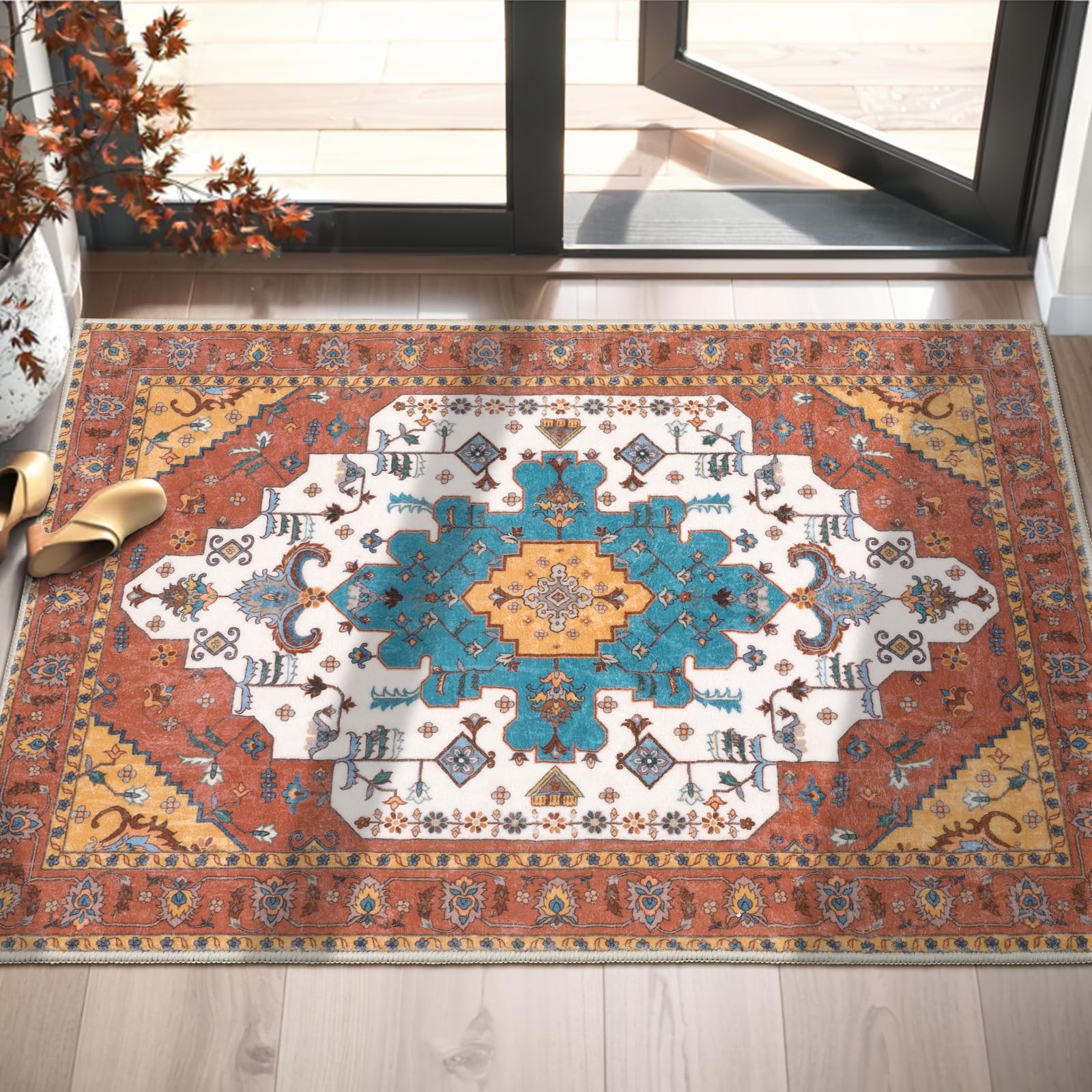 SERISSA Washable Rugs 8x10 Area Rugs, Large Non-Slip Boho Living Room Rust Rug, Ultra Soft Vintage Print Distressed Oriental Tribal Farmhouse Carpet for Dining Room Bedroom Dorm Office Home Decor