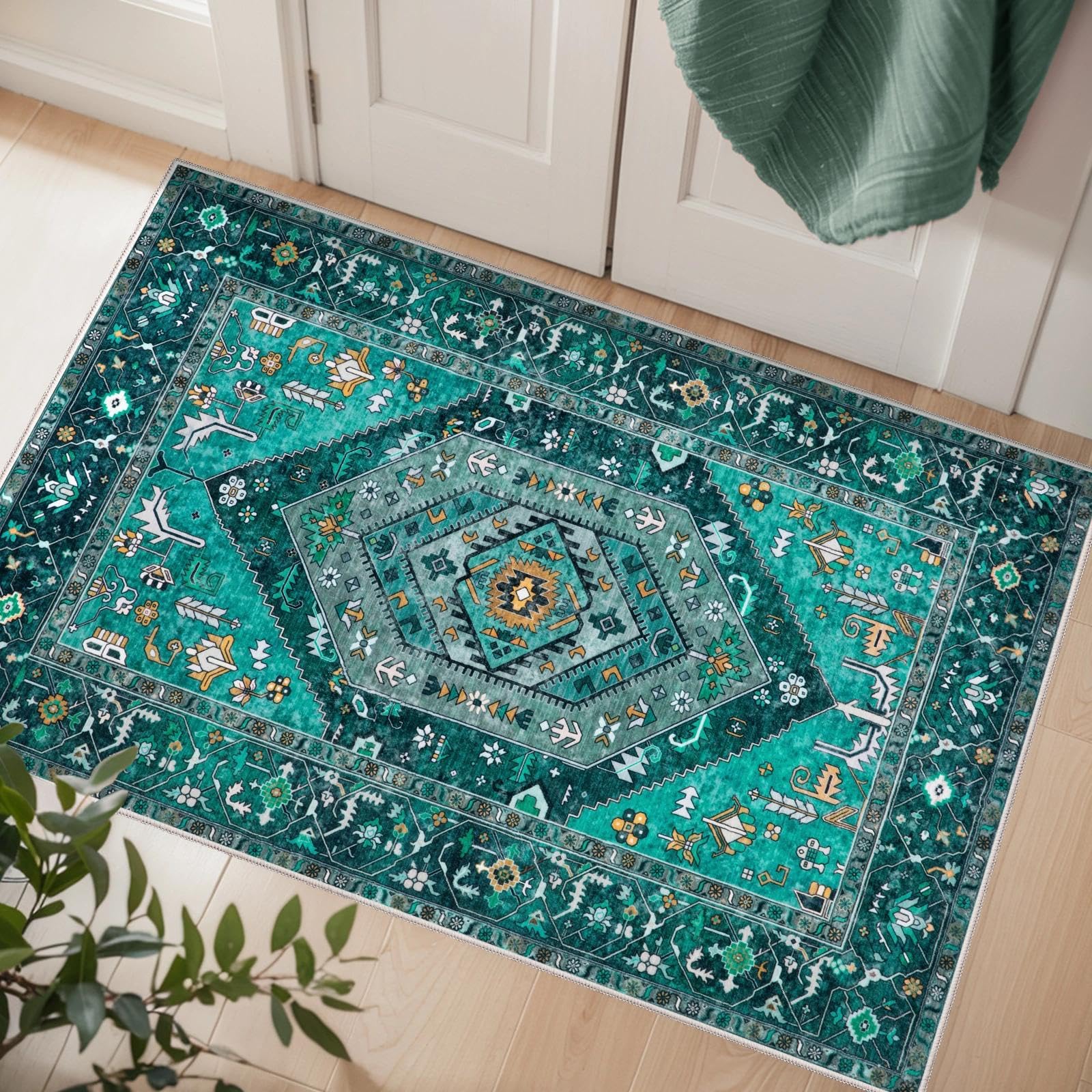 SERISSA Washable Rugs 8x10 Area Rugs, Large Non-Slip Boho Living Room Rust Rug, Ultra Soft Vintage Print Distressed Oriental Tribal Farmhouse Carpet for Dining Room Bedroom Dorm Office Home Decor