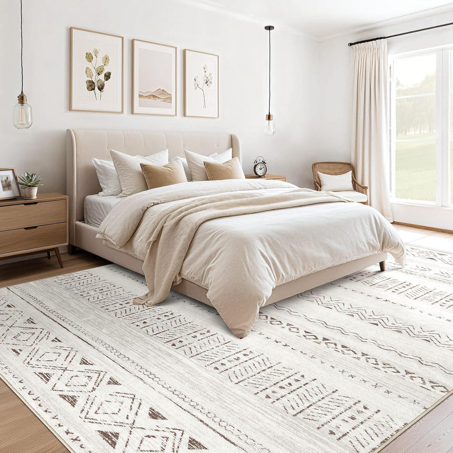 cotiled 5x7 Area Rug Living Room: Washable Boho Rugs with Non Slip Backing Large Soft Indoor Stain Resistant Carpet for Bedroom Farmhouse Dining Room Lightweight Home Decor L Brown/Cream