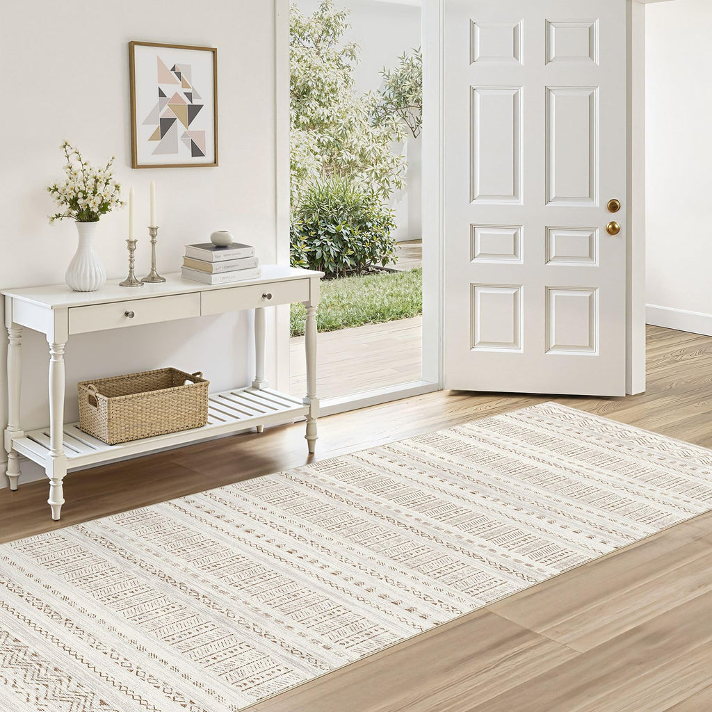 cotiled 5x7 Area Rug Living Room: Washable Boho Rugs with Non Slip Backing Large Soft Indoor Stain Resistant Carpet for Bedroom Farmhouse Dining Room Lightweight Home Decor L Brown/Cream