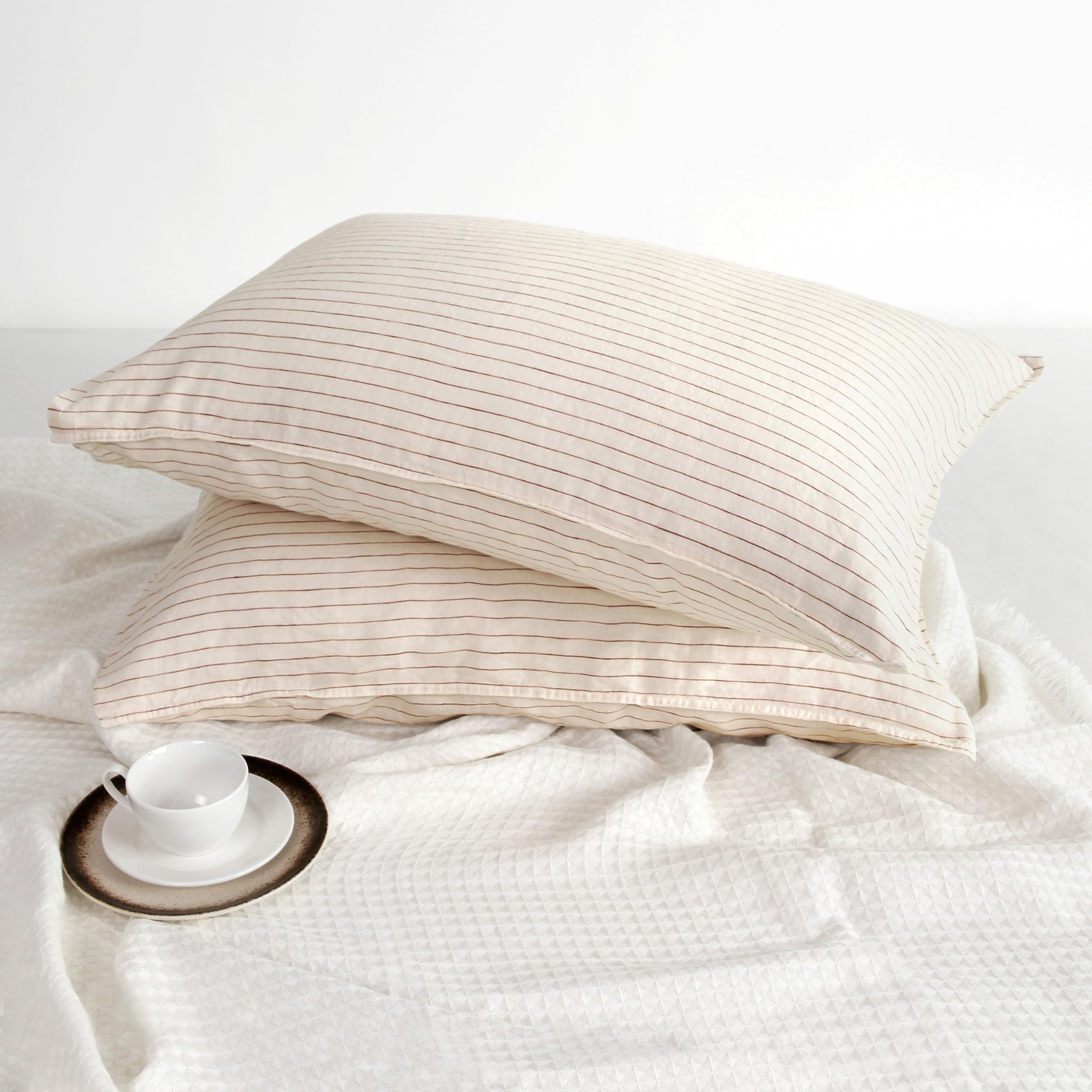 Striped Linen Pillow Cases Set of 2,20"x30" Standard/Queen Size,100% French Natural Flax Soft Linen Pillowcases,Natural Stripe
