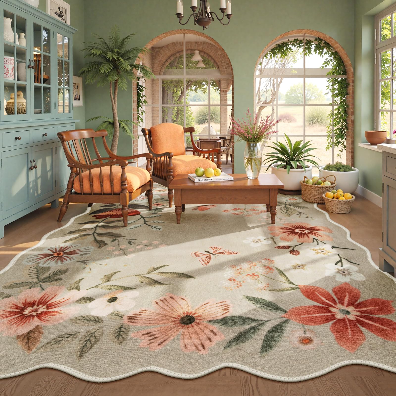 Lahome Floral Living Room Rugs, Area Rugs 5x7 Rug for Bedroom Ultra-Thin Soft Rug, Non-Slip Washable Rugs Stain Resistant Boho Rug Flore Throw Rug for ‎Dining Room Office (5x7ft,Green)