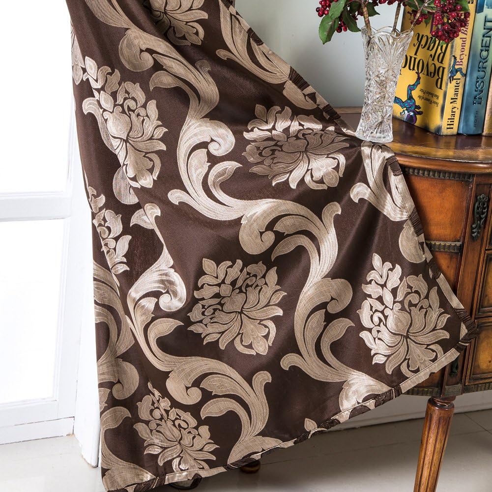 NAPEARL Damask Curtains-Fancy Jacquard Semi-Blackout Brown Curtain Drapes for legant & Private Living Room & Bedroom, Luxury Curtains 96 Inches Length (2 Panels, Each 52 x 96 Inches)