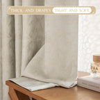 Beauoop Beige Floral Jacquard Blackout Curtains 90 Inches Long 2 Panels for Bedroom Living Room Chenille Flower Room Darkening Thermal Insulated Soundproof Rod Pocket Back Tab Window Drapes 52x90