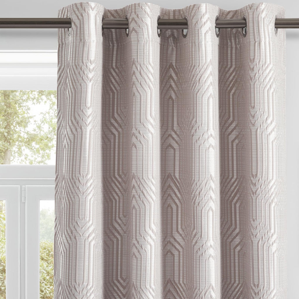Beige and Silvery 100% Blackout Jacquard Geometric Pattern Curtains,52 Inch Wide 84 Inches Long 2 Panels, Thermal Insulated Noise Reducing Anti-Rust Grommet Drapes for Bedroom Living Room, Cream