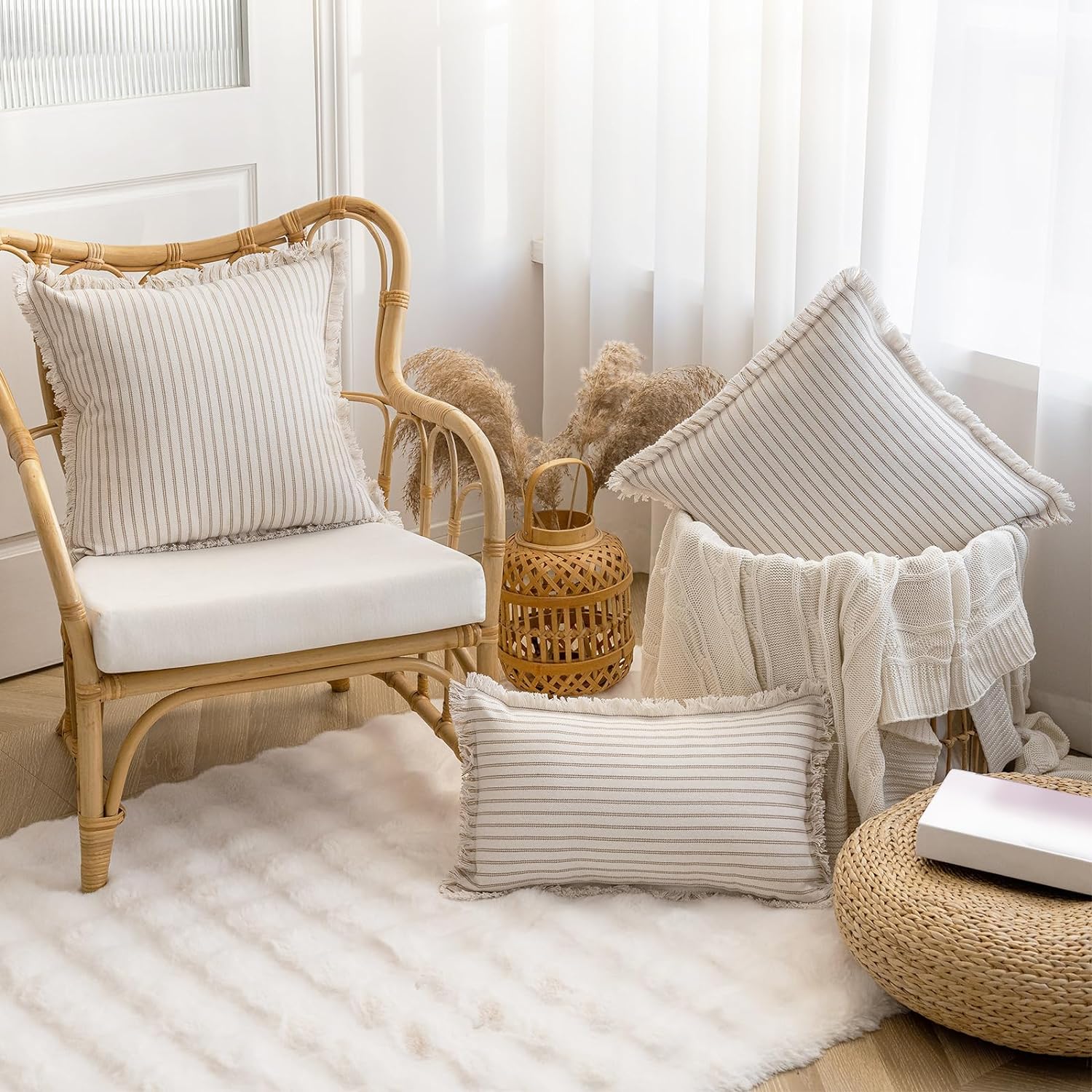 YEENAASY Throw Pillow Covers 18x18 Set of 2 Striped Fringe Pillow Cover Farmhouse Cushion Covers with Tassel Neutral Boho Pillows Decorative Square Pillowcase for Couch Sofa Bed, Khaki