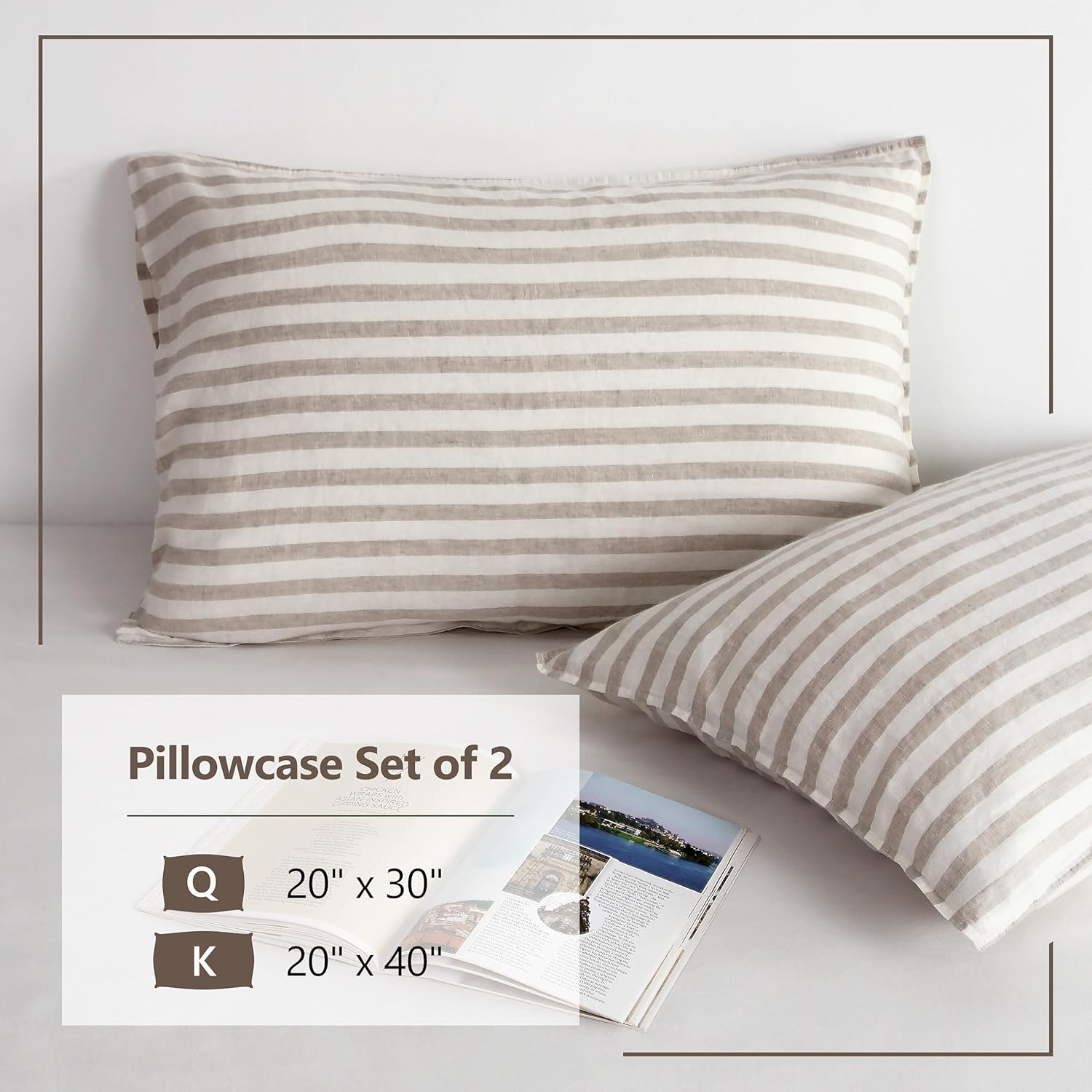 Striped Linen Pillow Cases Set of 2,20"x30" Standard/Queen Size,100% French Natural Flax Soft Linen Pillowcases,Natural Stripe