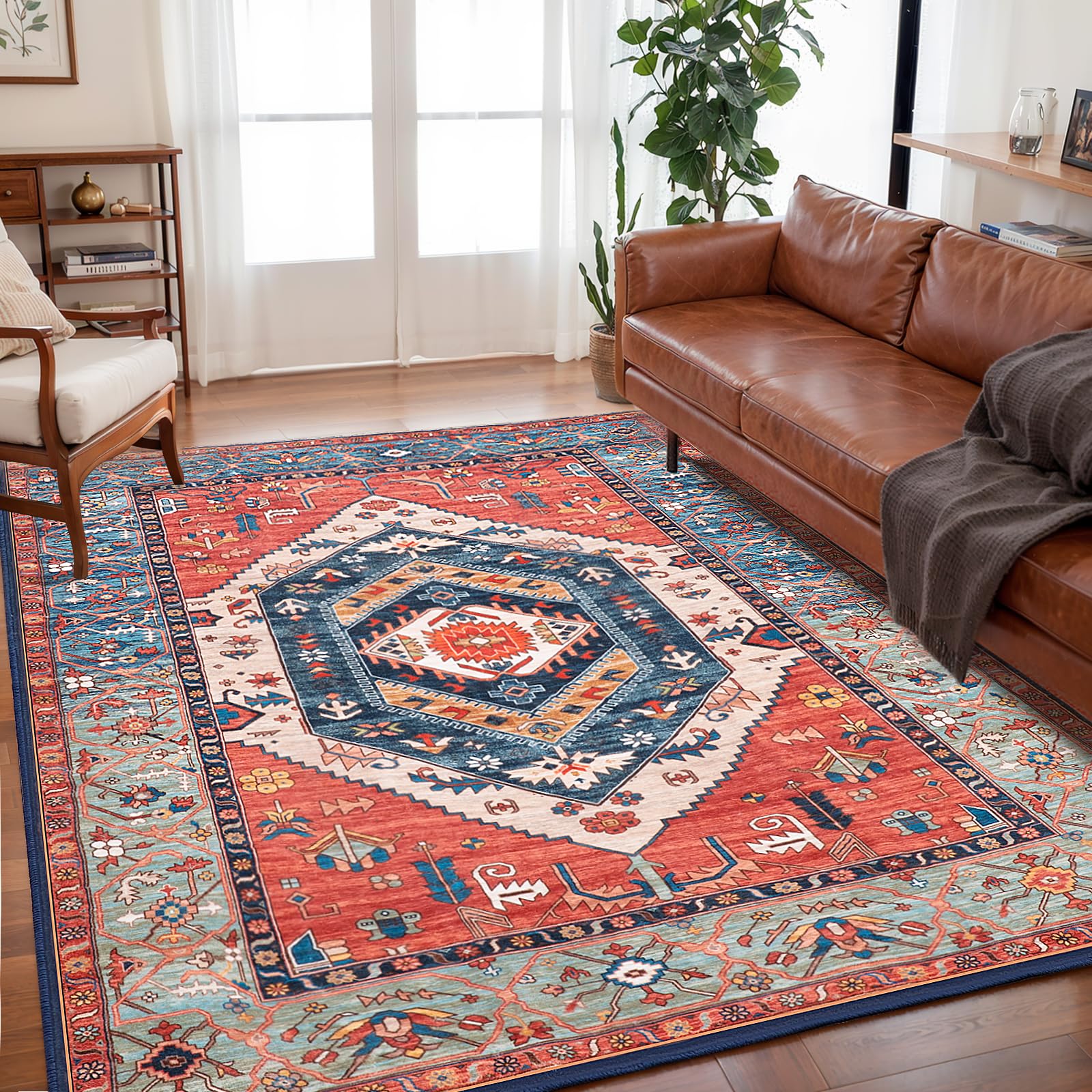 SERISSA Washable Rugs 8x10 Area Rugs, Large Non-Slip Boho Living Room Rust Rug, Ultra Soft Vintage Print Distressed Oriental Tribal Farmhouse Carpet for Dining Room Bedroom Dorm Office Home Decor
