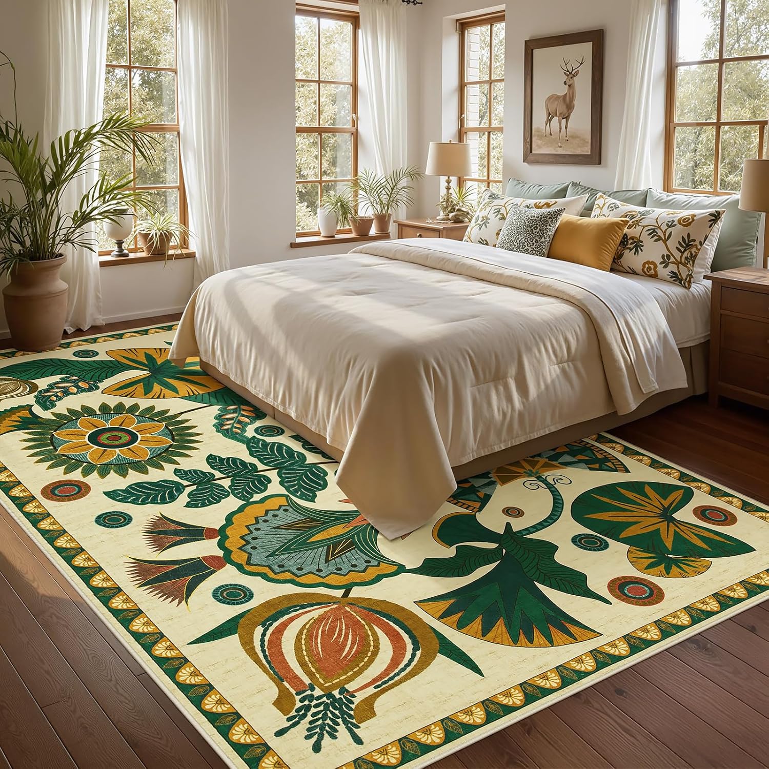 Joydeco Egypt Floral Boho 8x10 Area Rugs for Bedroom Aesthetic, Washable Vintage Living Dining Room Rug Non Slip, Beige Large Indoor Throw Carpet for Playroom Nursery Dorm Classroom