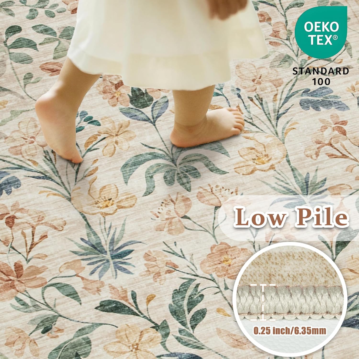8x10 Beige Boho Floral Washable Non-Slip Thin Area Rug for Indoor Spaces