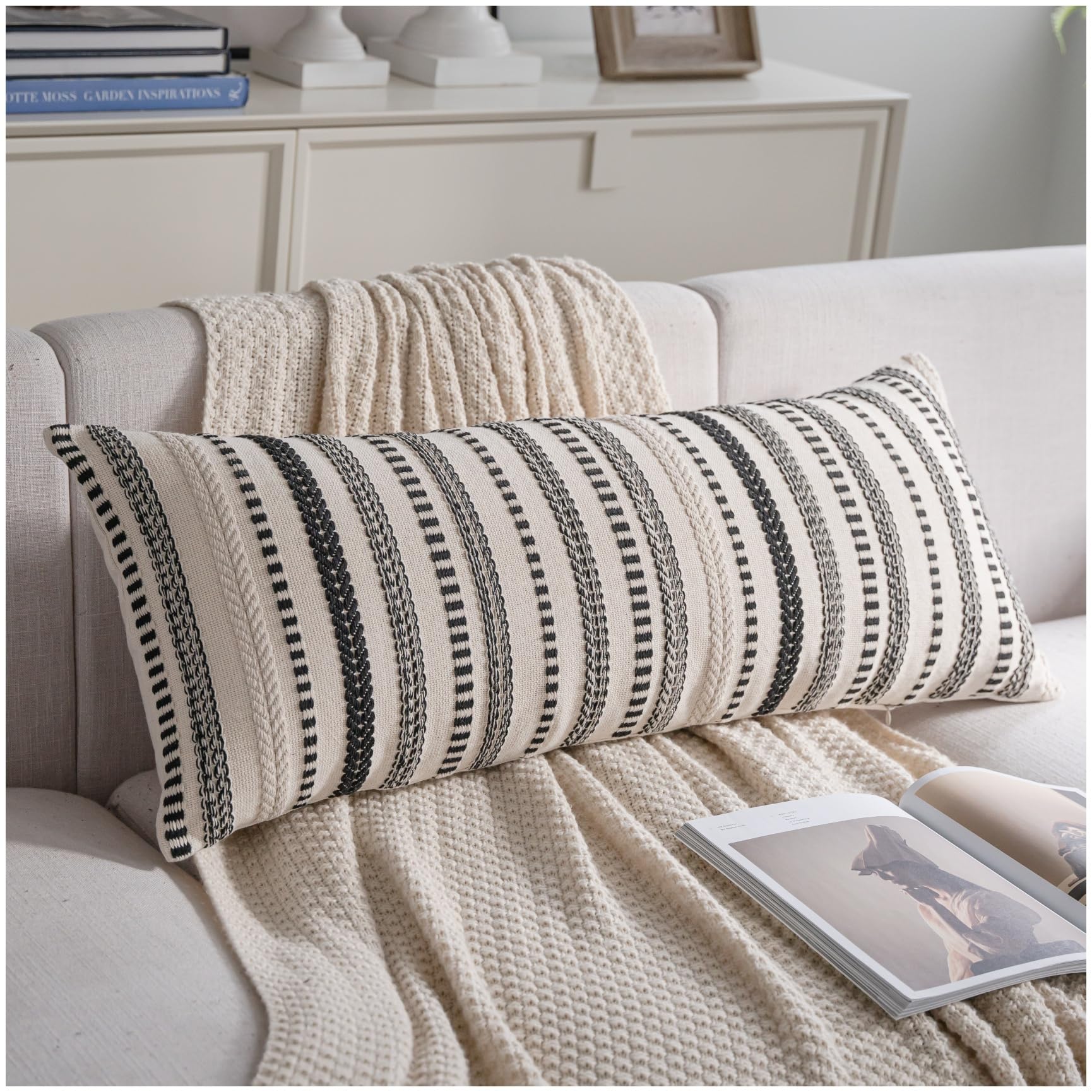 Cethom Navy Blue Boho Throw Pillow Covers 20x20 Inch Set of 2, Stripe Textured Decorative Couch Pillow Cases for Bed, Sofa, Living Room, Bedroom, Farmhouse Home Accent Cushion Covers