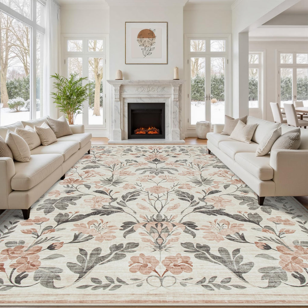 8x10 Beige Boho Floral Washable Non-Slip Thin Area Rug for Indoor Spaces