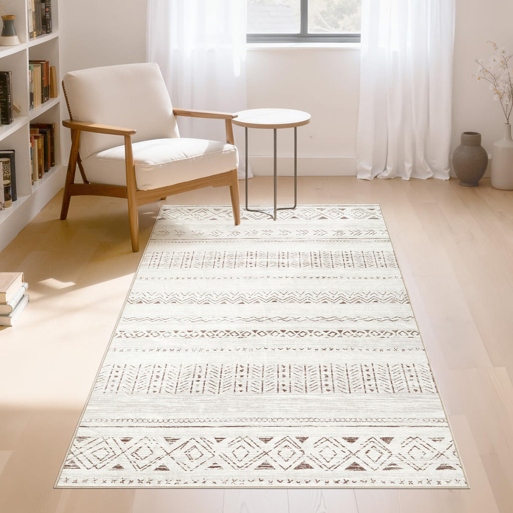 cotiled 5x7 Area Rug Living Room: Washable Boho Rugs with Non Slip Backing Large Soft Indoor Stain Resistant Carpet for Bedroom Farmhouse Dining Room Lightweight Home Decor L Brown/Cream
