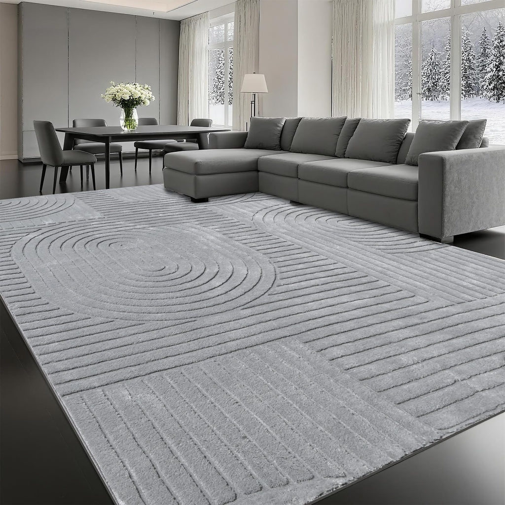 Beige Solid Area Rug 8x10 – Large Washable Soft Indoor Rugs for Living Room Bedroom, Modern Geometric Bohemian Pattern High-Low Pile Textured Carpet for House Apartment, Home Office Decor