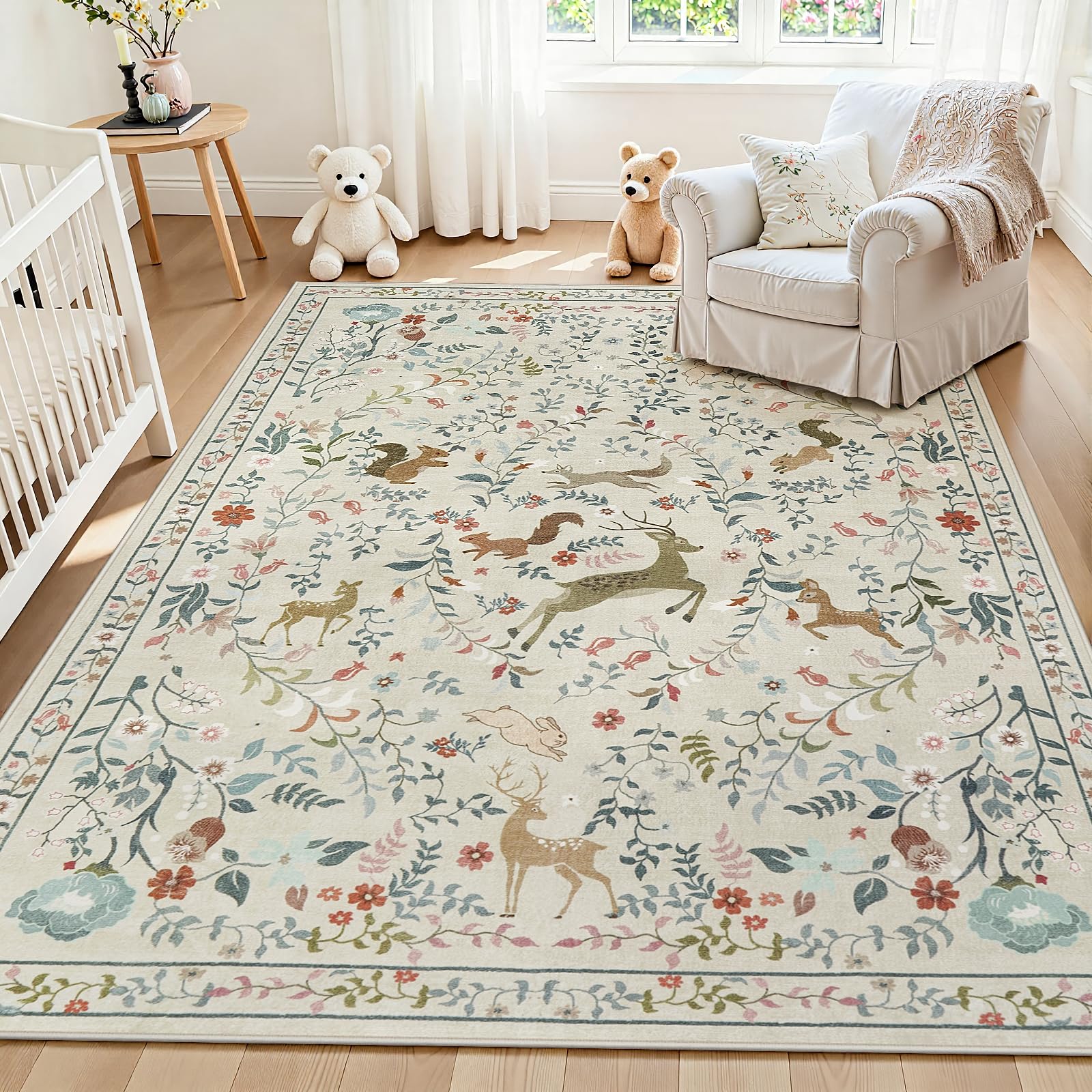 8x10 Beige Boho Floral Washable Non-Slip Thin Area Rug for Indoor Spaces