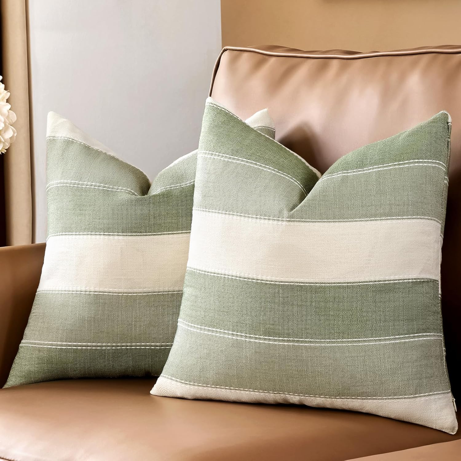 AmHoo Pack of 2 Farmhouse Stripe Check Throw Pillow Covers Set Case Cotton Linen Decorative Pillowcases Cushion Cover for Couch Bench Sofa 18x18 Inch Sage Green