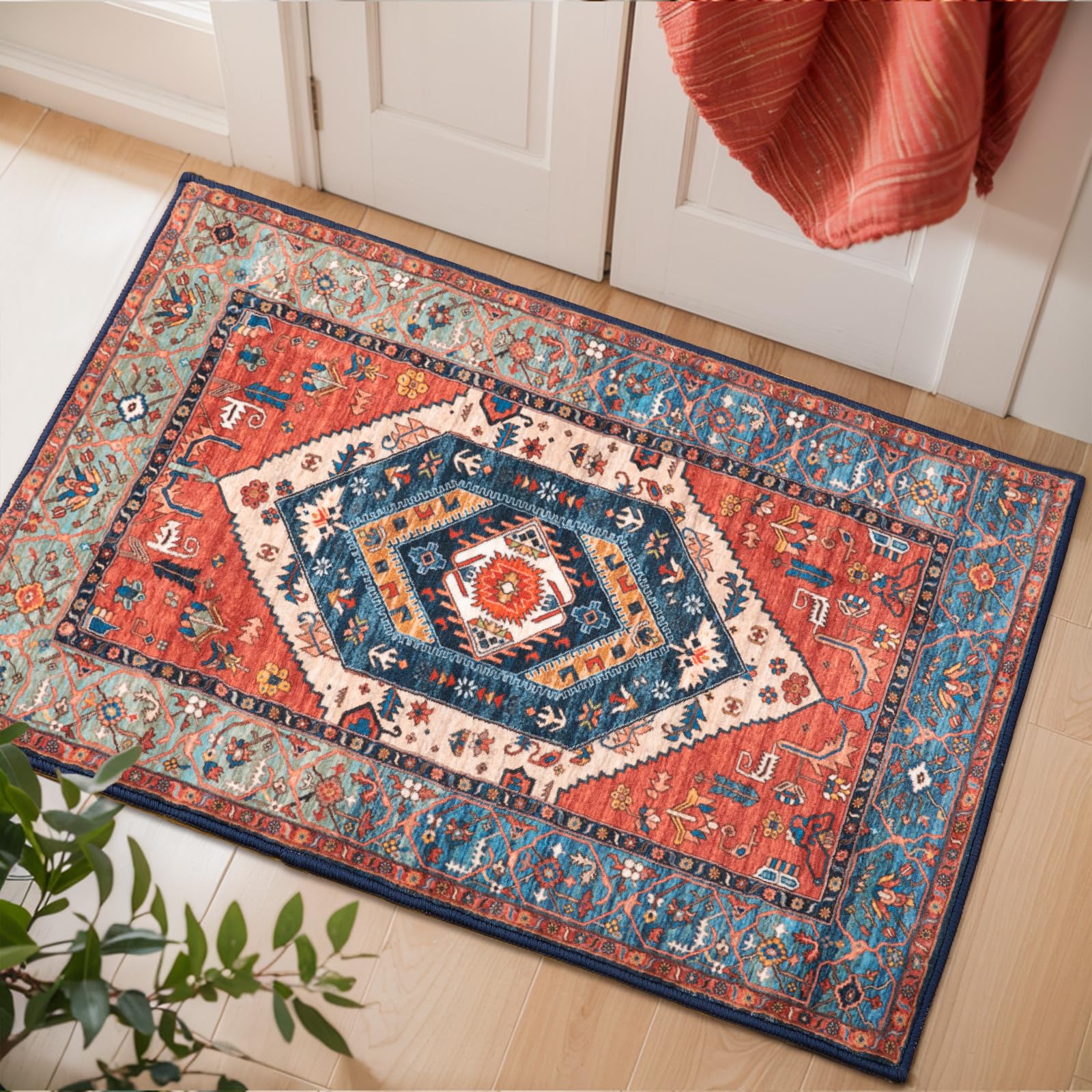 SERISSA Washable Rugs 8x10 Area Rugs, Large Non-Slip Boho Living Room Rust Rug, Ultra Soft Vintage Print Distressed Oriental Tribal Farmhouse Carpet for Dining Room Bedroom Dorm Office Home Decor