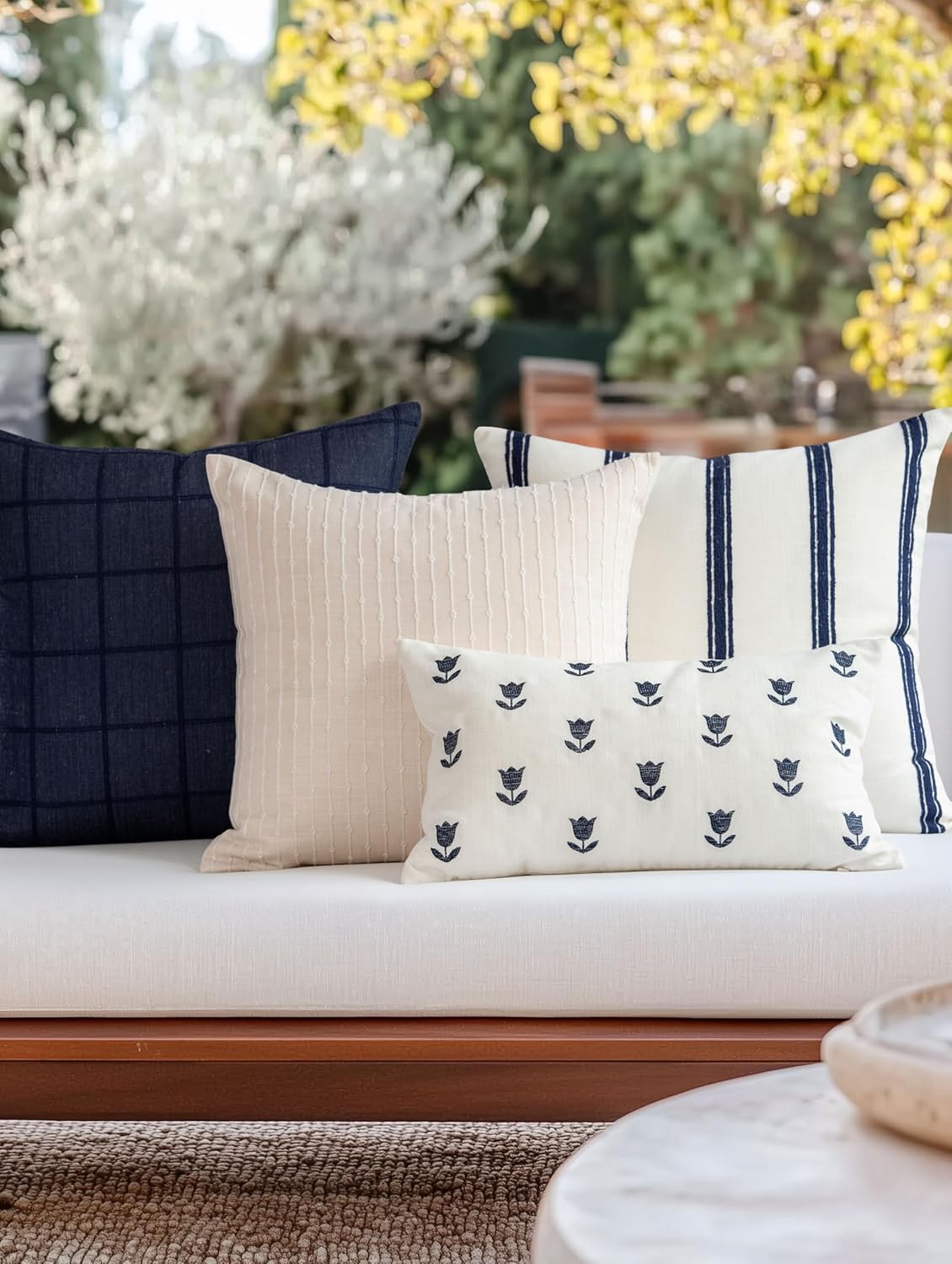Crumbs Home Coastal Linen Indoor Outdoor Throw Pillow Cover Only, 20"x20" Water Repellent for Patio, Backyard, Couch, Neutral Beige Embroidered Stripes