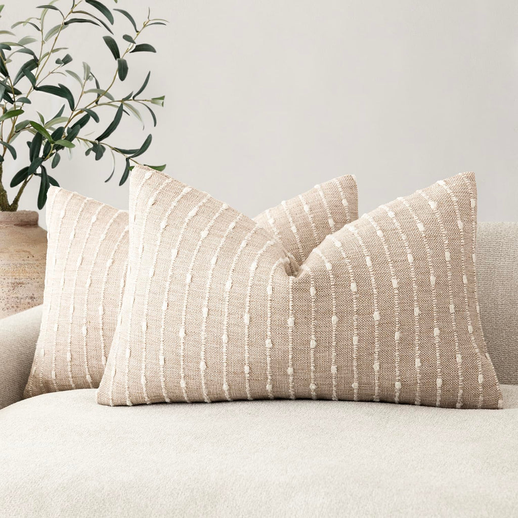 Foindtower Pack of 2 Decorative Jacquard Boucle Throw Pillow Covers Accent Textured Striped Pillowcases Soft Boho Modern Cushion for Couch Sofa Bedroom Living Room Home Decor 20x20 Inch Natural Beige