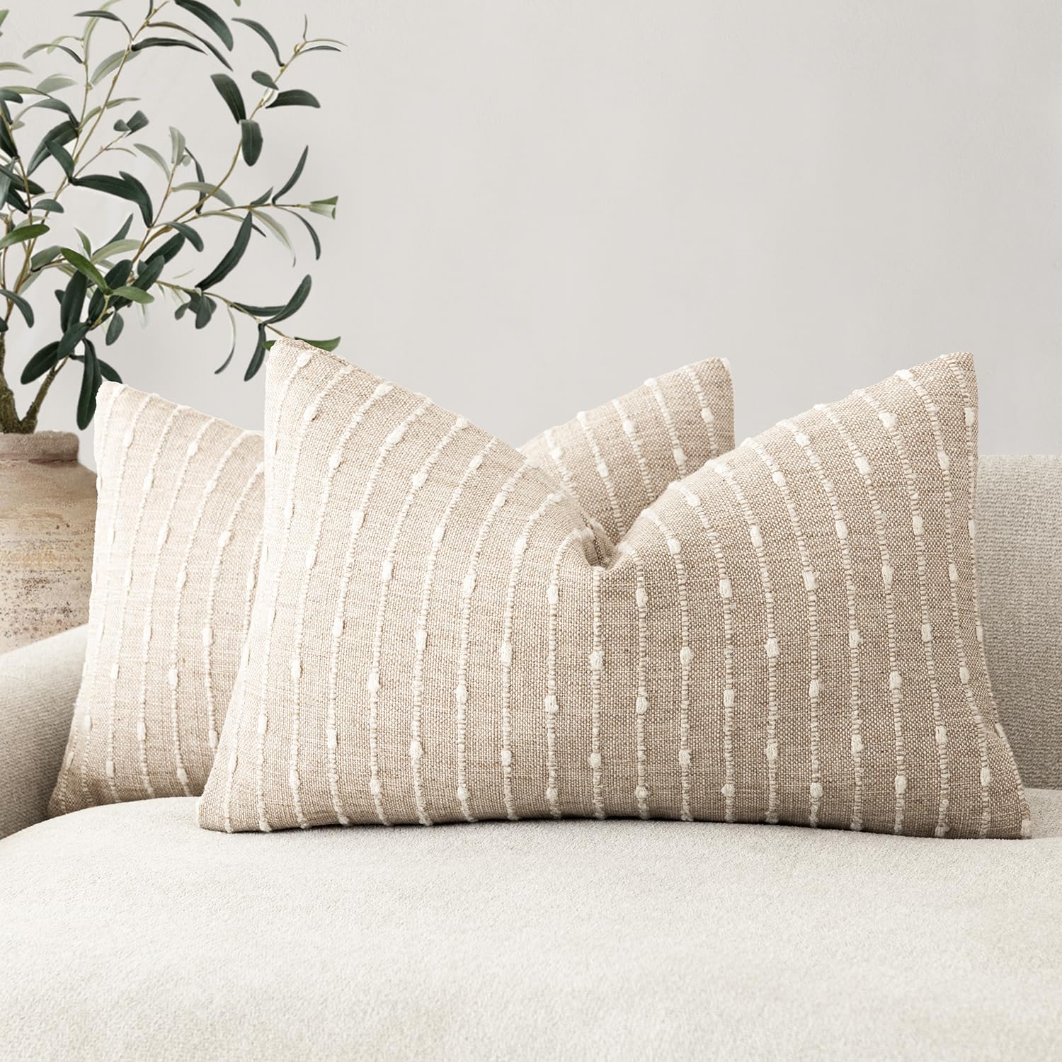 Foindtower Pack of 2 Decorative Jacquard Boucle Throw Pillow Covers Accent Textured Striped Pillowcases Soft Boho Modern Cushion for Couch Sofa Bedroom Living Room Home Decor 20x20 Inch Natural Beige