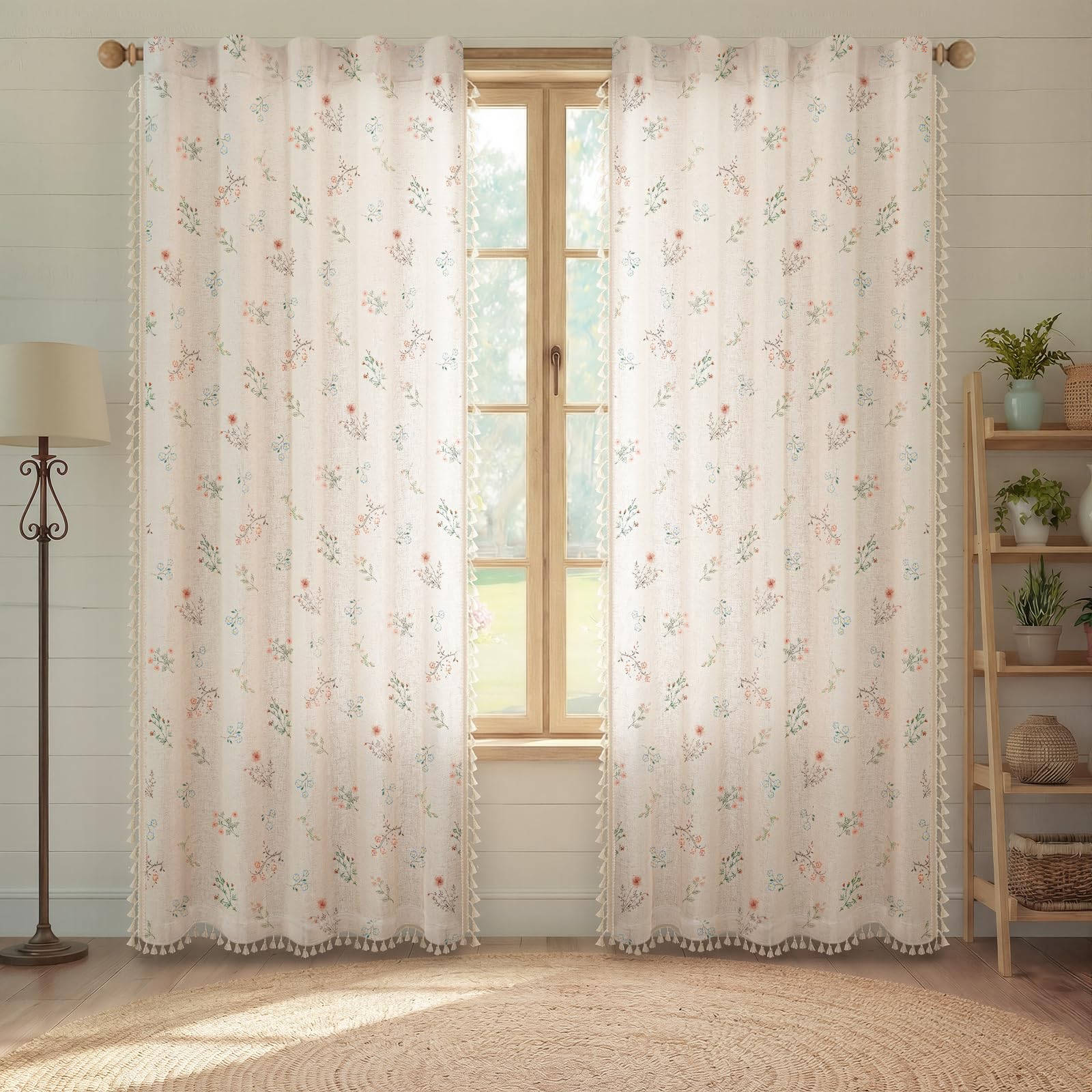 Floral Embroidered Linen Blend Curtains for Bedroom, 84 Inch Light Filtering Spring Farmhouse Vintage Drapes Beige Flower Window Treatments for Living Room Rod Pocket, Set of 2 Panels