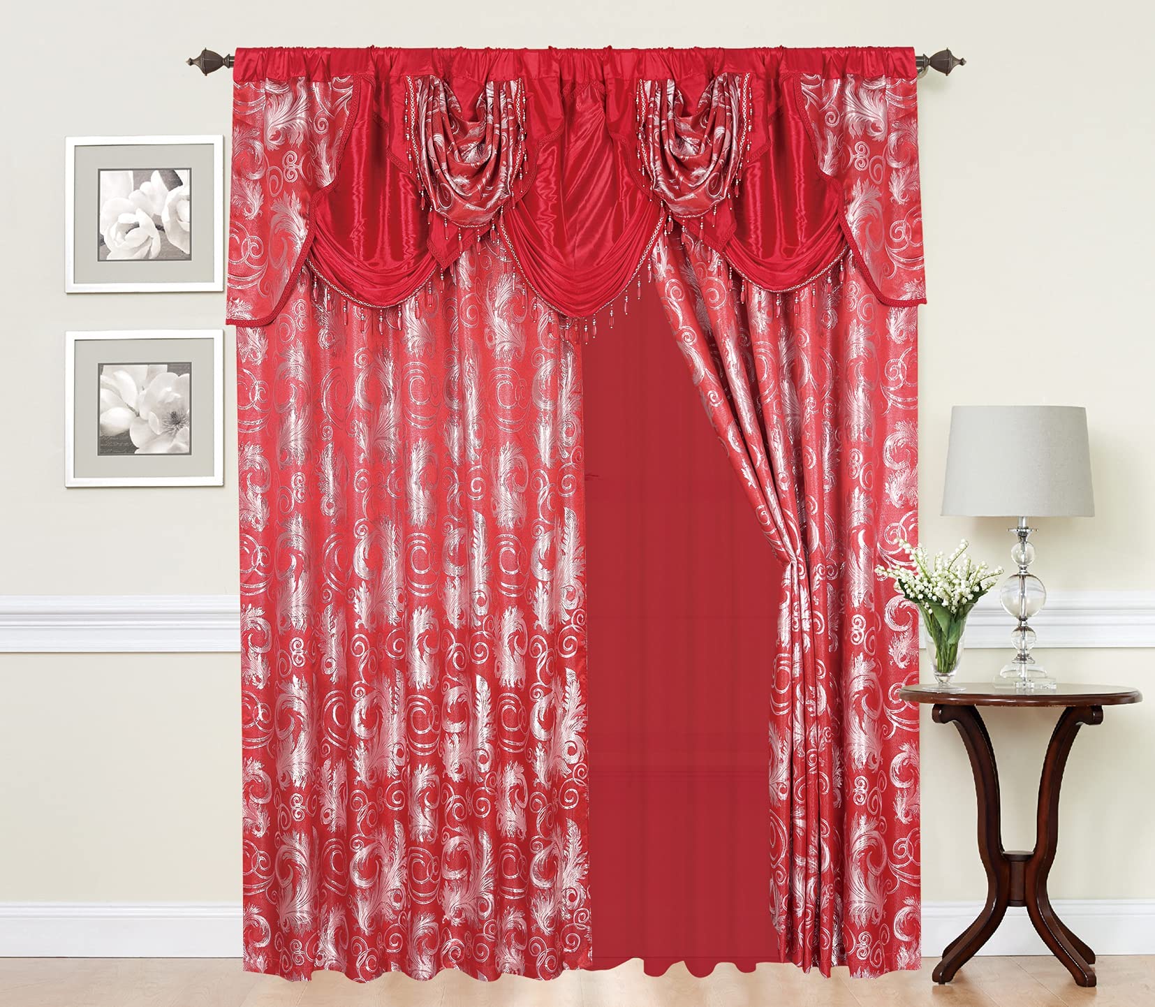 GLORY RUGS Jacquard Luxury Window 2 Panel Set Beige Curtain with Attached Valance and Backing Bedroom Living Room Dining 2 Curtains 55x84 inches Each Jana